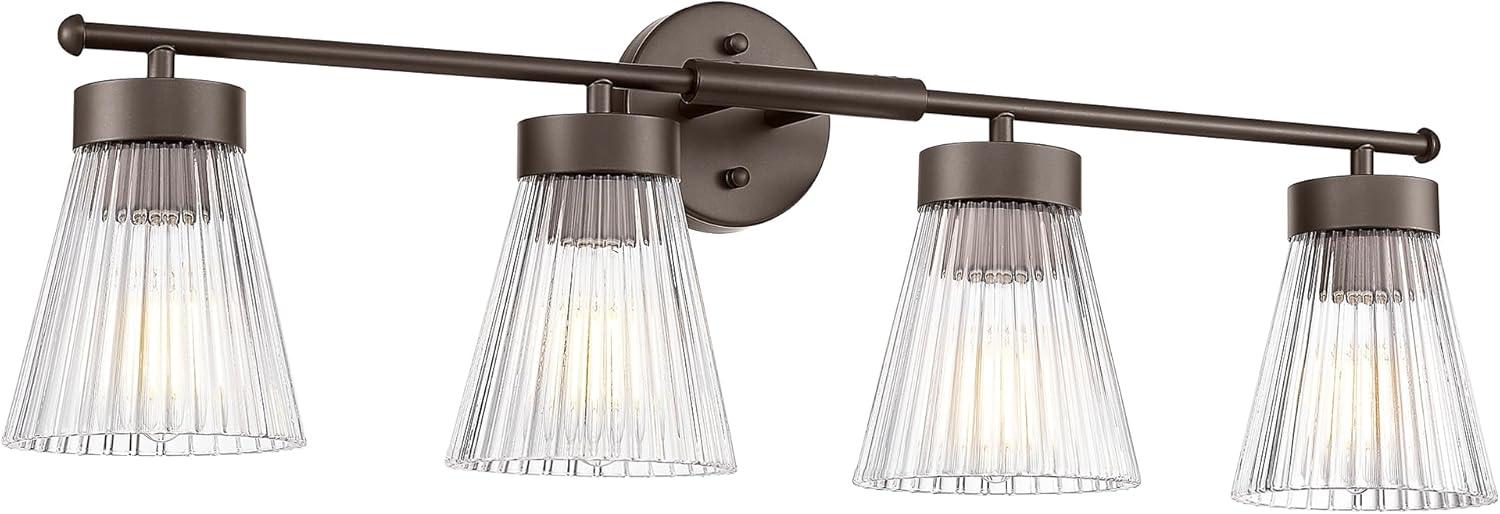 4-Light Bathroom Vanity Light, HWH Oil-Rubbed Bronze Bathroom Light Fixtures Farmhouse Vanity Lamp Over Mirror with Clear Striped Glass Shade, 5HZG97B-4W ORB