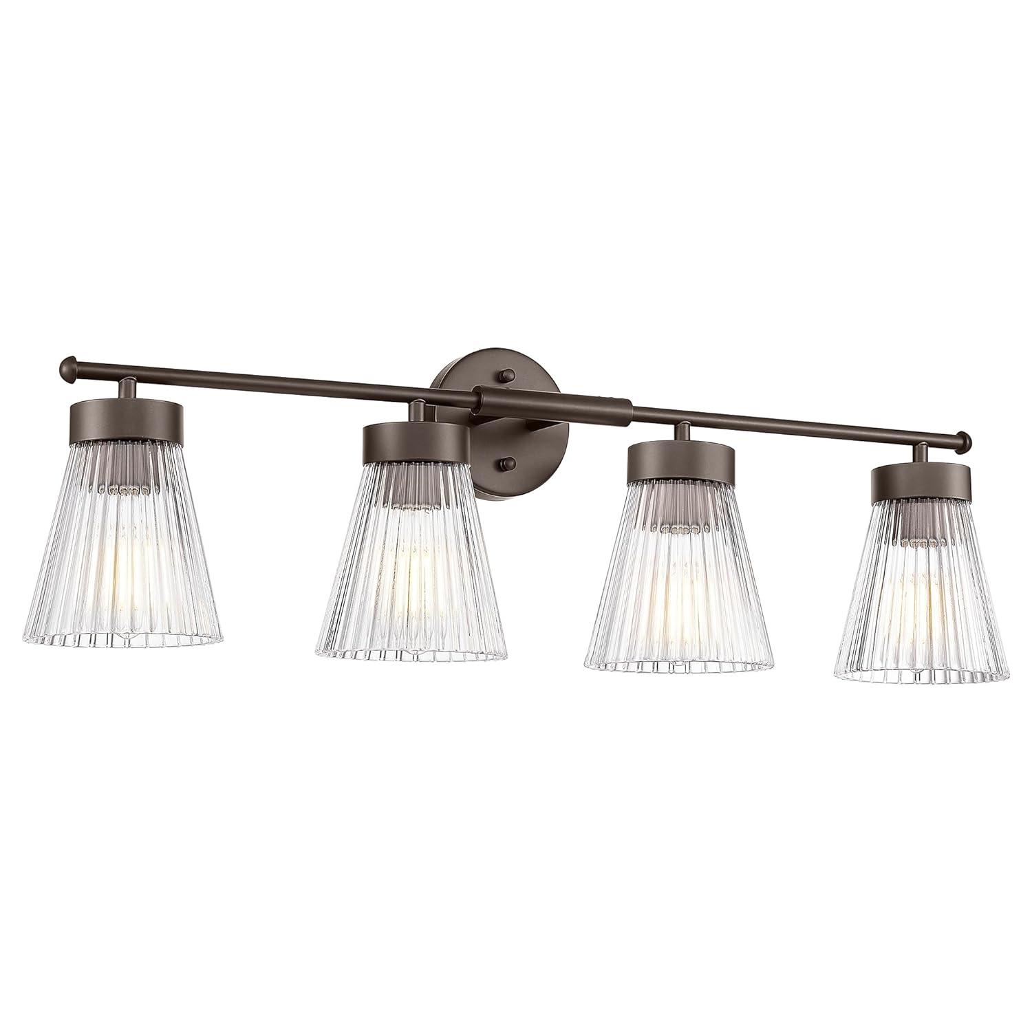 4-Light Bathroom Vanity Light, HWH Oil-Rubbed Bronze Bathroom Light Fixtures Farmhouse Vanity Lamp Over Mirror with Clear Striped Glass Shade, 5HZG97B-4W ORB