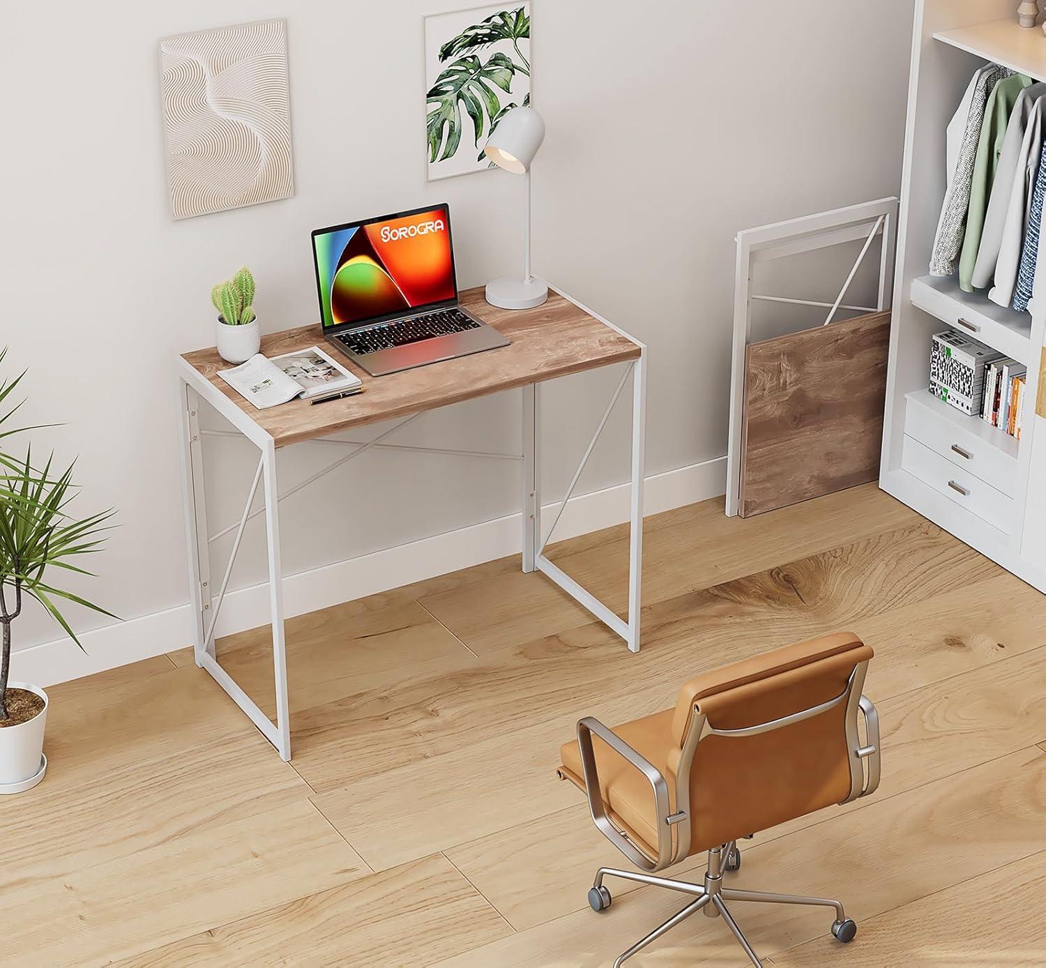 Coavas Folding Desk 31.5 inch Foldable Small Portable Computer Desks, Spaces Saving Writing Sturdy Table for Bedroom, Home Office, Dorm, Apartment, Pre Assembled, Oak