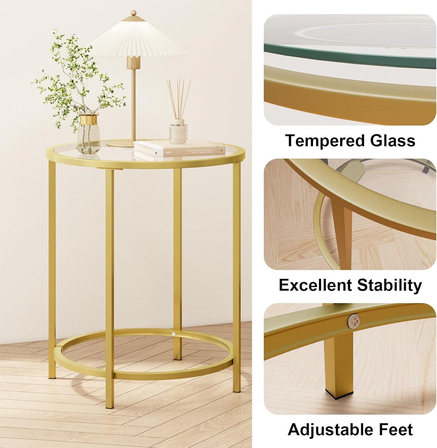 VASAGLE Round Side Table, Glass End Table with Metal Frame, Laurel Green Coffee Table with Modern Style