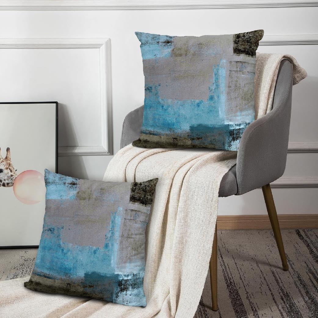 Teal and Brown Throw Pillows Covers Set of 2 Blue Gray Abstract Art Painting Aesthetic Modern Square Decorative Pillow Covers Soft Throw Pillows for Couch Sofa Bedroom, 18X18 Inches