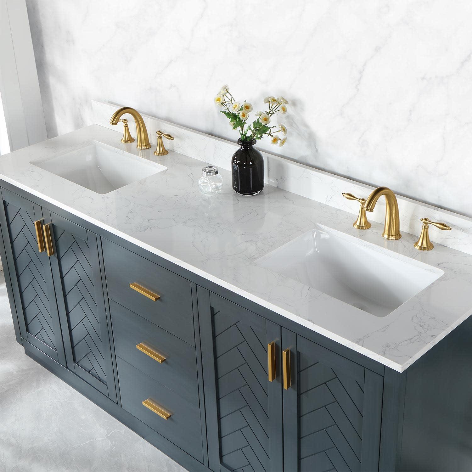 Gazsi 72" Double Bathroom Vanity Set in Black Oak with Grain White Composite Stone Countertop Without Mirror