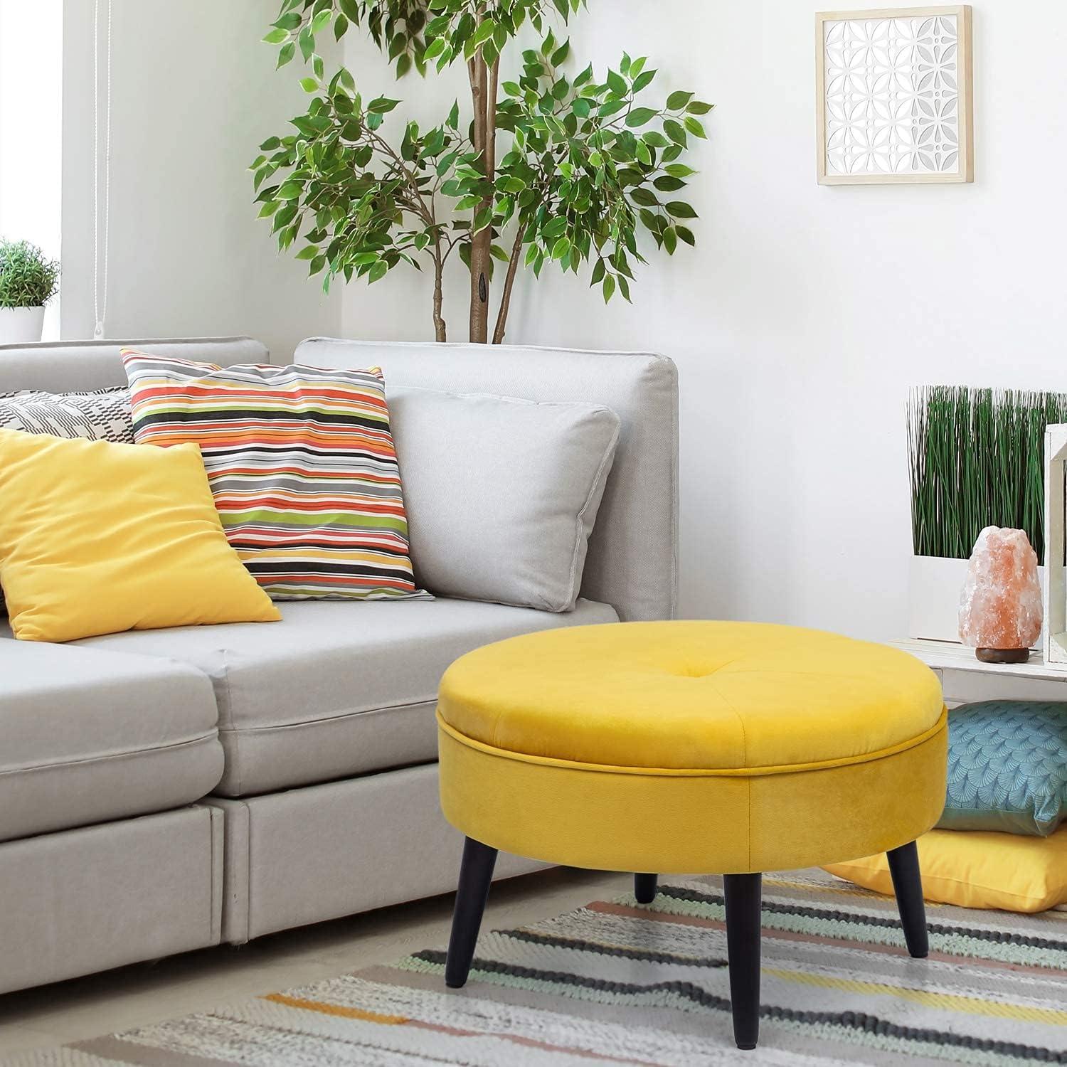 Joveco Small Round Ottoman, Velvet Upholstered Footrest Stool Seat with Wooden Legs, Vanity Stool Coffee Table for Bedroom Living Room (Yellow)