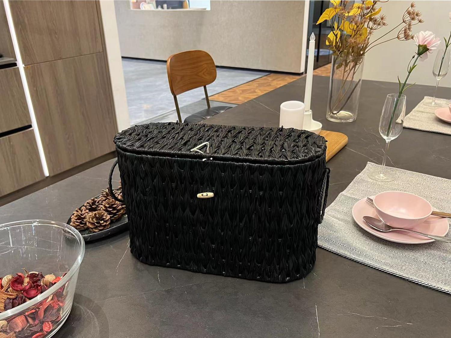 Black Toilet Paper Basket with Lid,Wicker Toilet Paper Storage Stand,Large Narrow Bathroom Towel Basket Mega Roll Container Bin for Toilet Tank,Floor