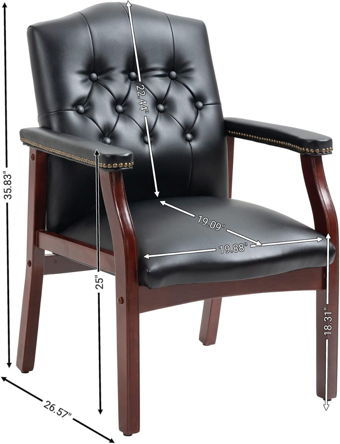 Classic Traditional Button Tufted Black Vinyl Guest Chair with Mahogany Wood Frame