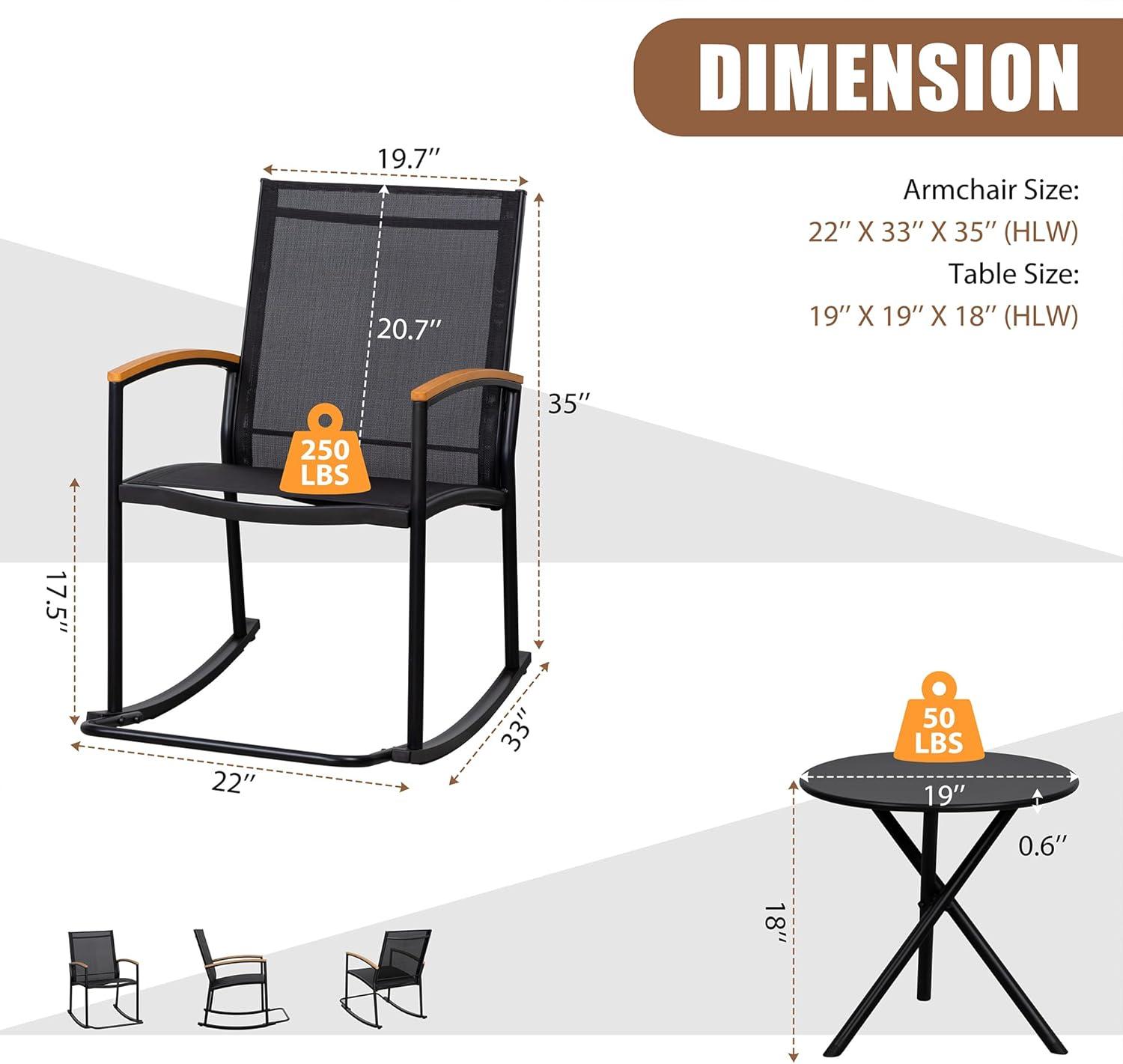 Black Small 3-Piece Outdoor Rocking Bistro Set with Table