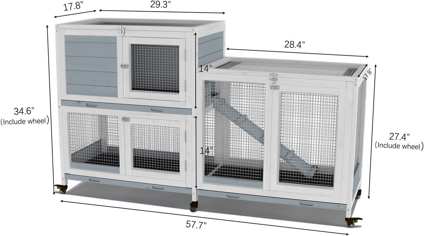 GDLF Two Floors 58" Wooden Indoor Rabbit Guinea Pig Pet Cage on Wheels Waterproof