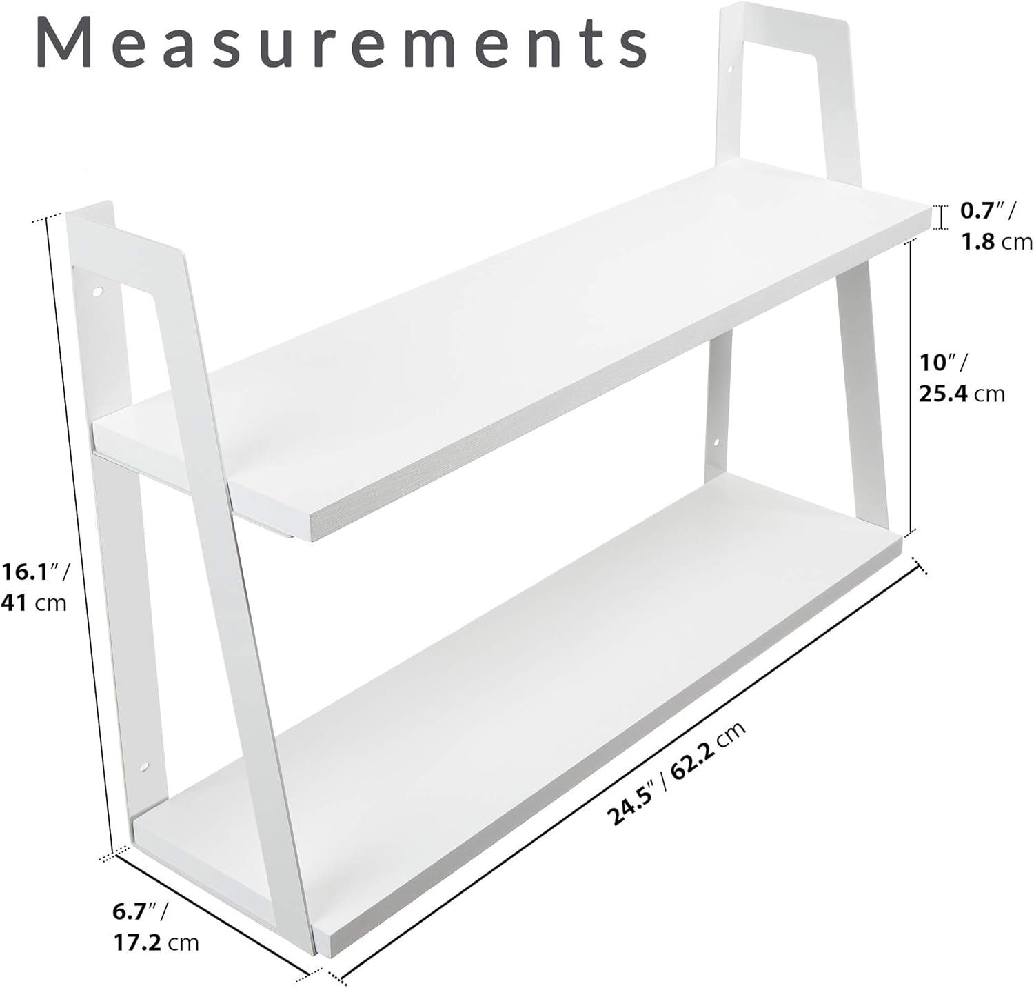 Modern White 2-Tier Steel and Wood Floating Wall Shelf