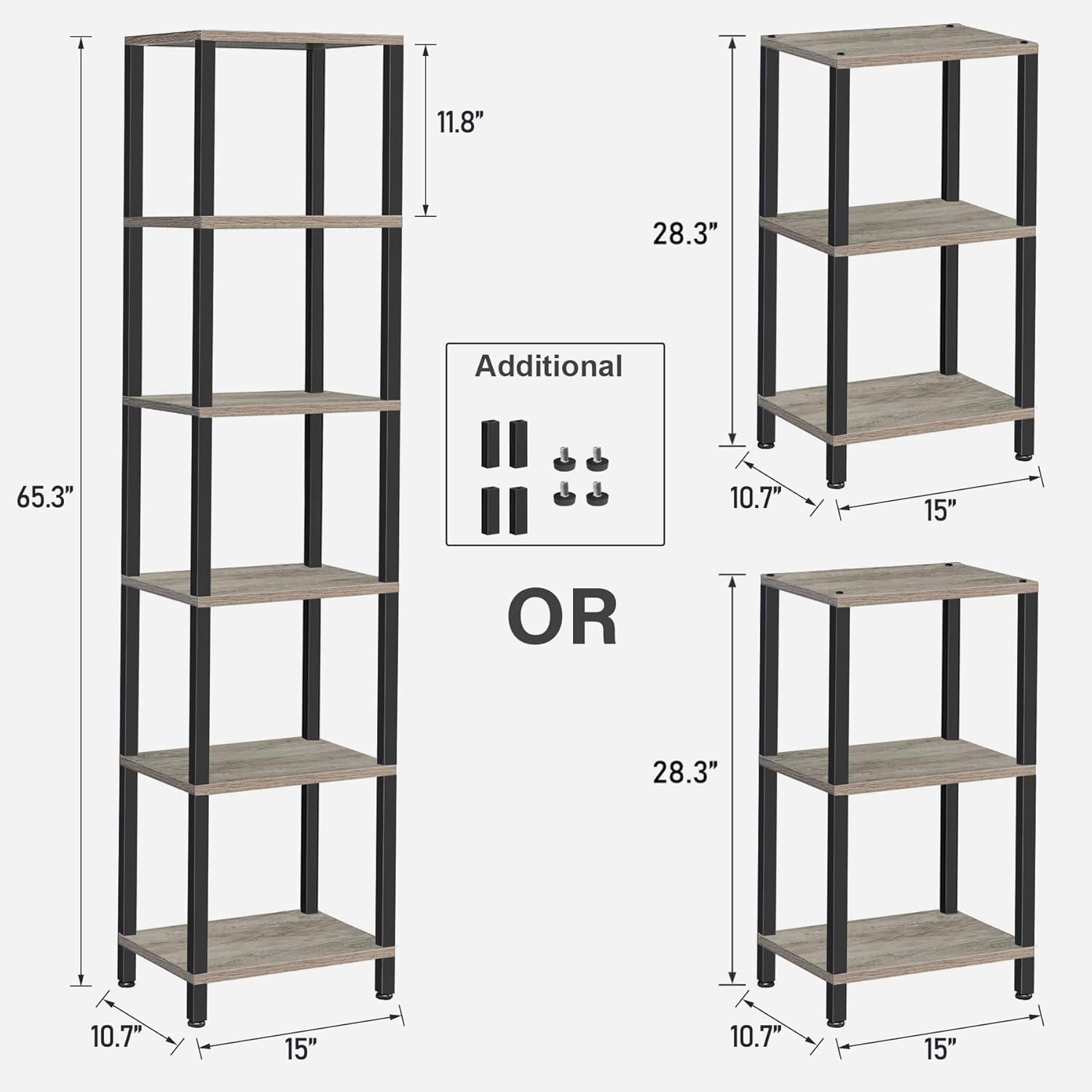 Greige and Black 6-Tier Tall Narrow Bookshelf