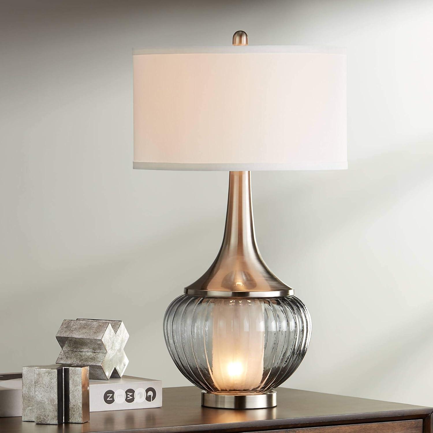 Courtney 23.5" Fluted Smoked Glass Table Lamp with White Linen Shade