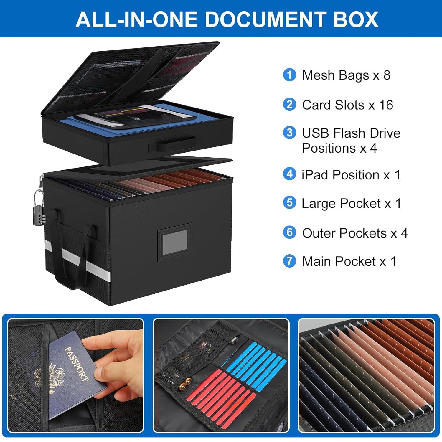 HAMOPY Modern Black Fireproof Document Box, 15.5 x 12.2 x 12.99 inches, 27 Compartments, Collapsible, Portable, Water Resistant, Zipper Closure