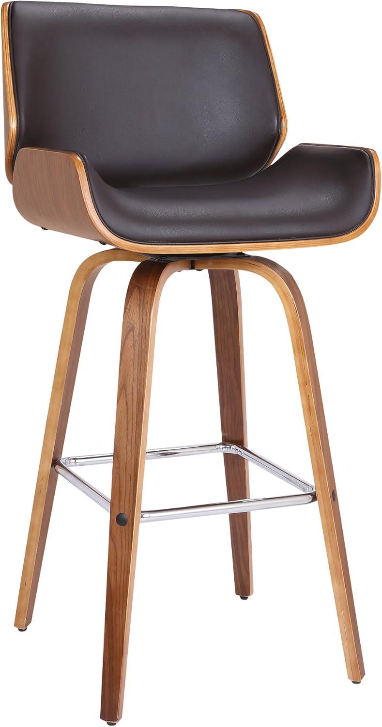 26" Armen Living Tyler Swivel Counter Barstool: Walnut Frame, Chrome Footrest, Faux Leather