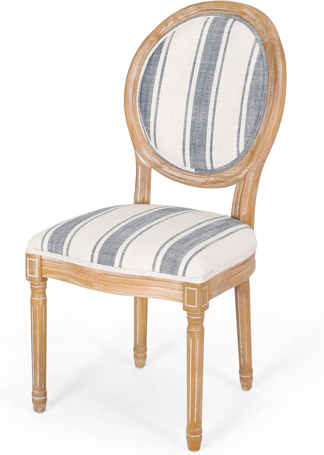 Set of 2 French Country Dark Blue Striped Upholstered Dining Chairs