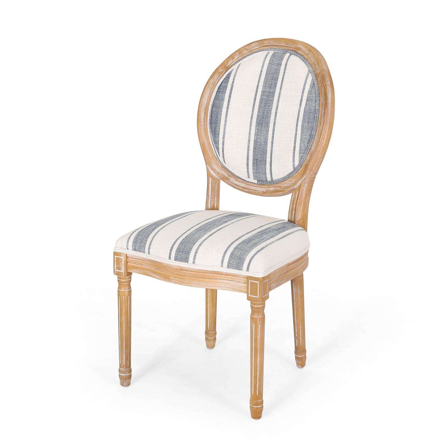 Set of 2 French Country Dark Blue Striped Upholstered Dining Chairs