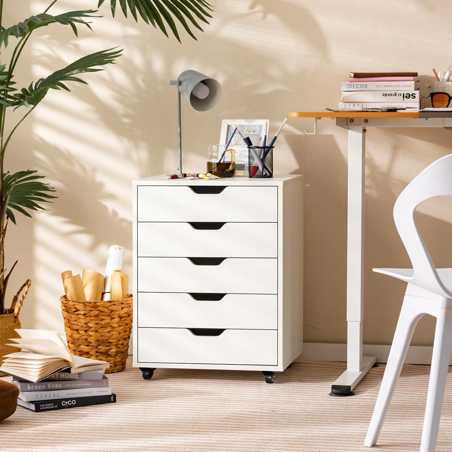 White Mobile 5-Drawer Wood Filing Cabinet with Wheels