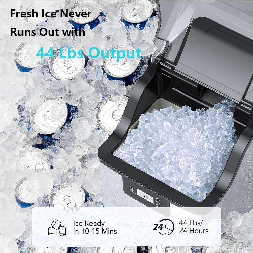 Ice Maker Machine Countertop with Ice Scoop,Stainless Steel Nugget Ice Maker,Max 44lbs in 24Hrs,Self-Cleaning Ice Machine for Home & Kitchen Office Bar Party Camping Use