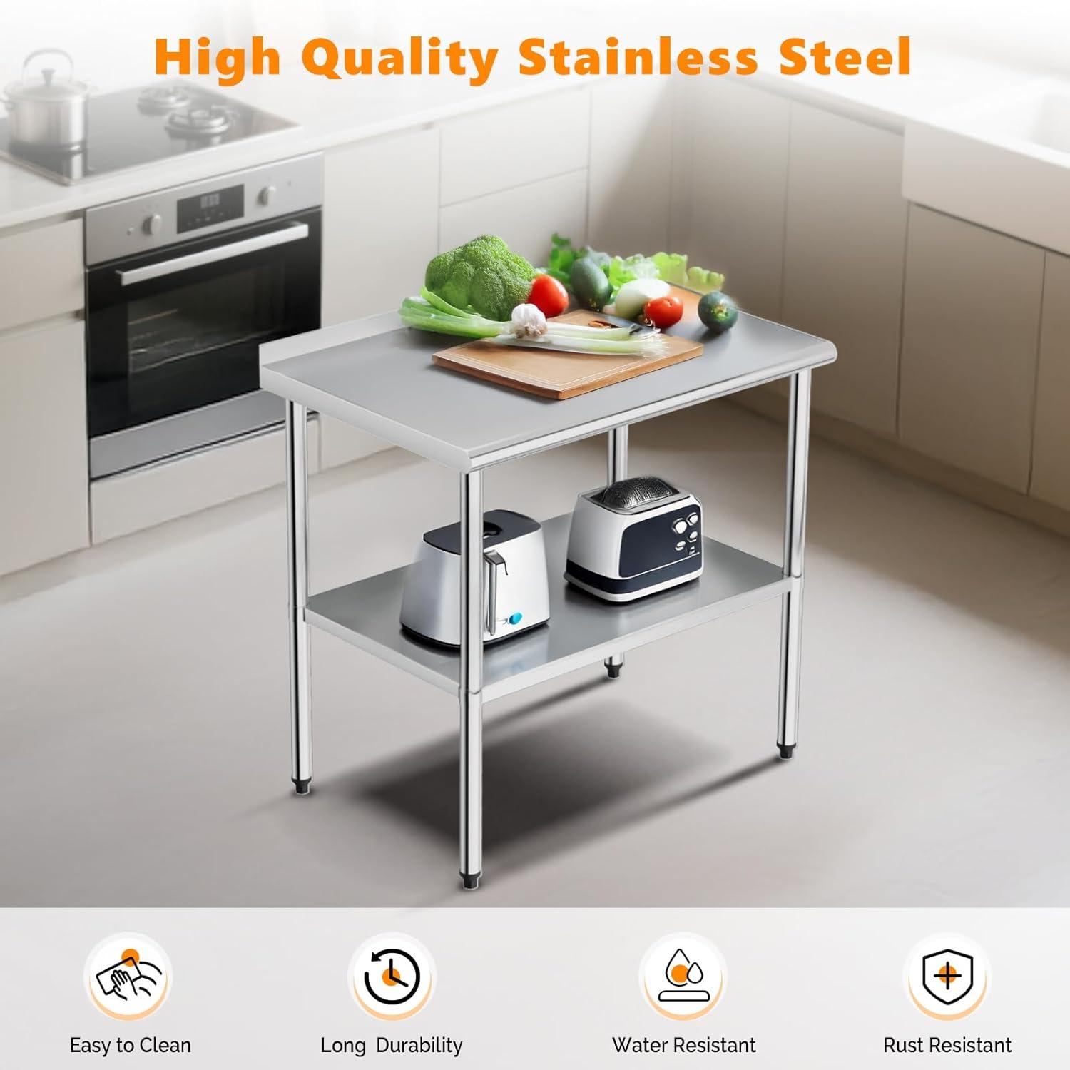 ROVSUN 36'' x 24'' Stainless Steel Table for Prep & Work, Metal Table with Undershelf for Kitchen Restaurant, Home