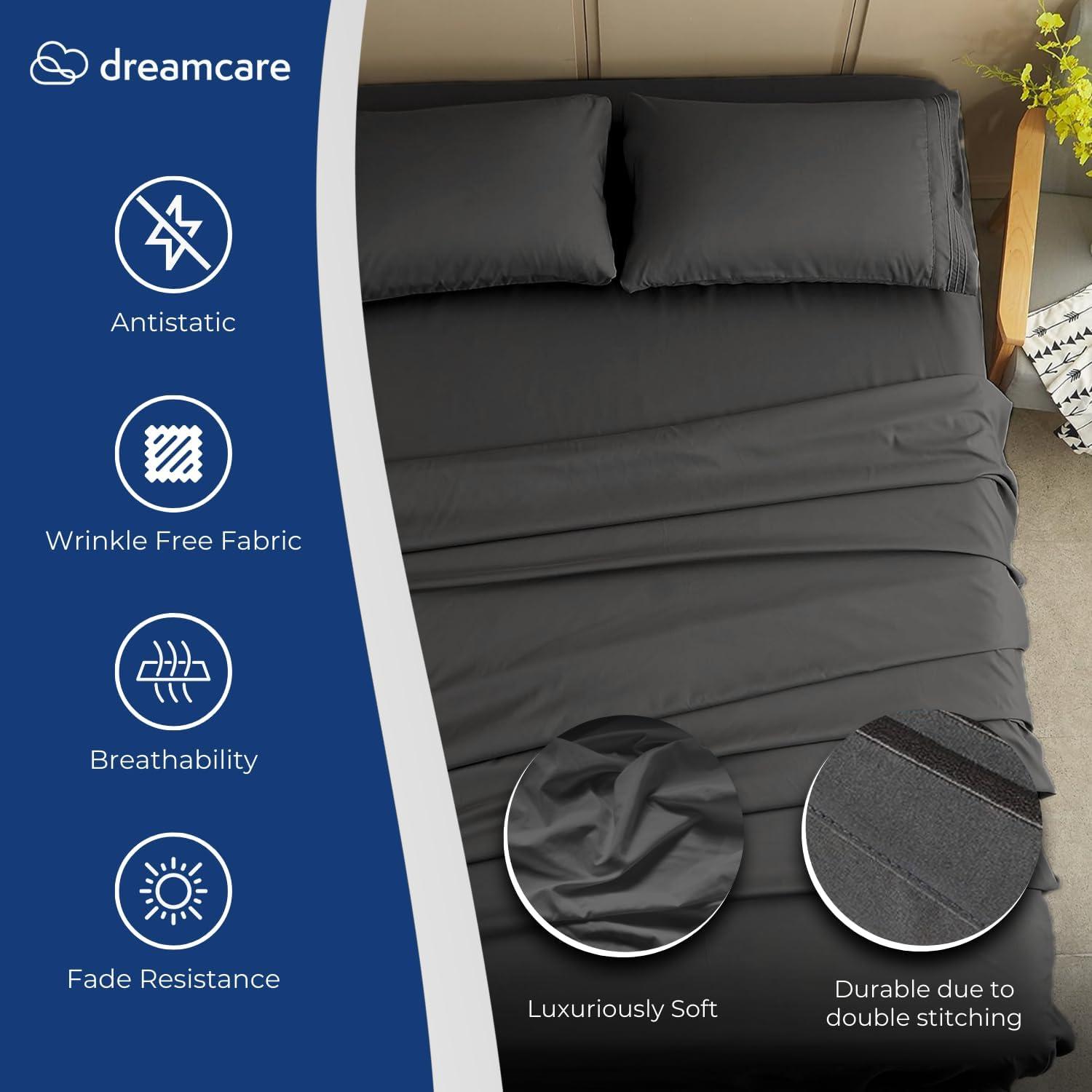 DREAMCARE - Bed Sheets Set - Queen Size Sheet with Side Pocket - 4pcs Set, 15 inches, Dark Gray