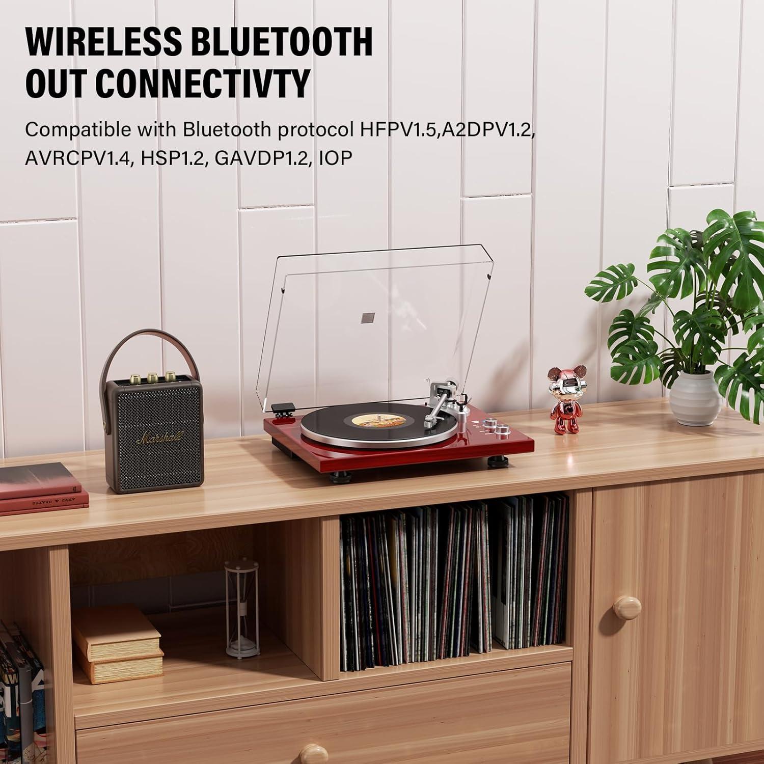 Vinyl Record Player Belt-Drive Turntable for Vinyl Records with Bluetooth Connectivity, USB Digital Output, Magnetic Cartridge & Adjustable Counterweight, AT-3600L, 33 or 45 RPM, M485-Red
