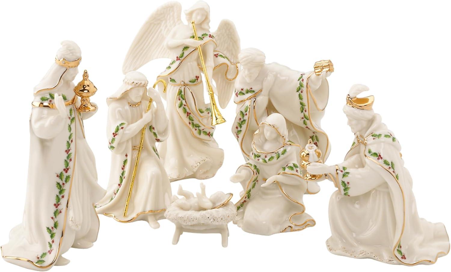 Ivory Ceramic 7-Piece Mini Nativity Set with Gold Accents