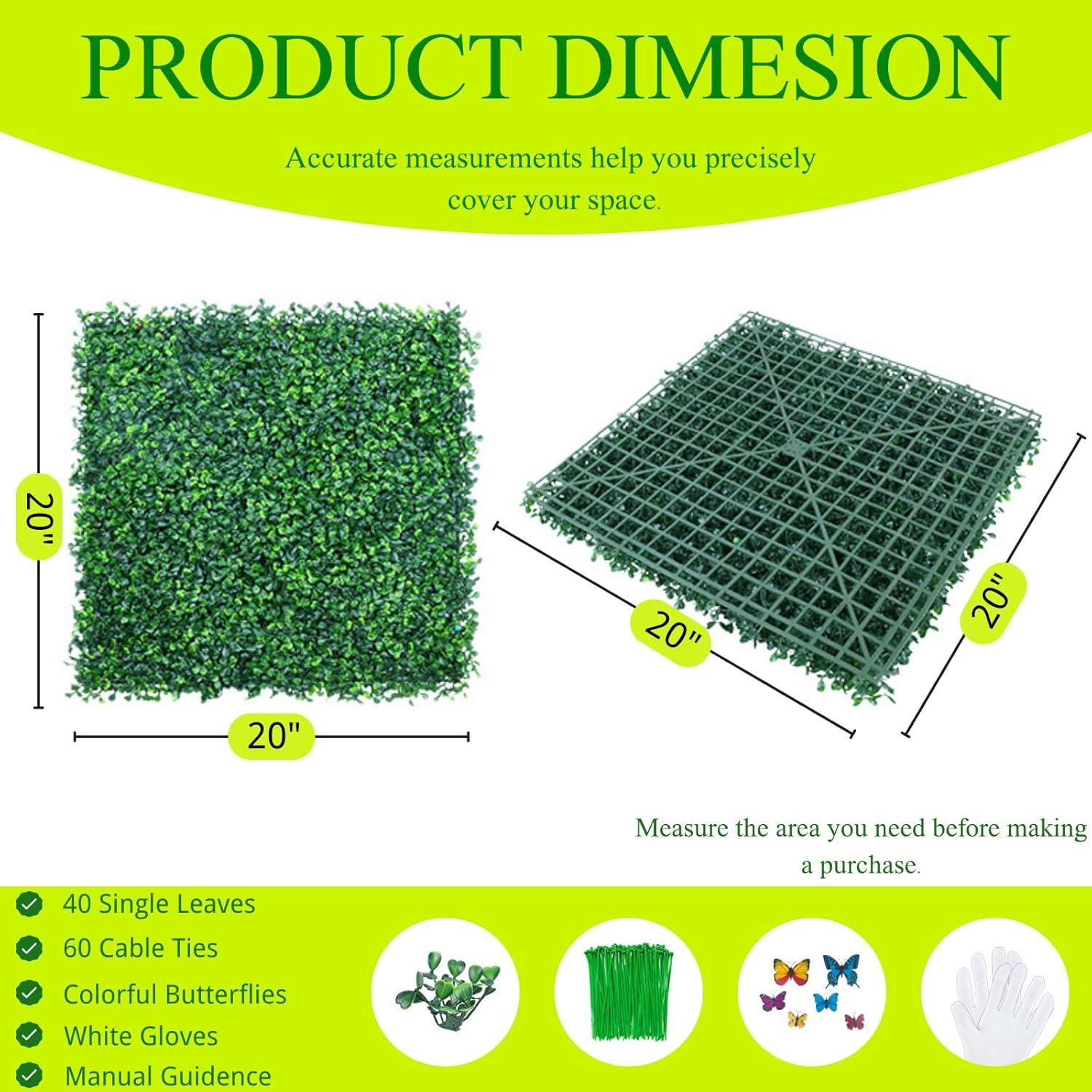 VEVORbrand 24 PCS 20"x20" Artificial Boxwood Panels, Boxwood Hedge Wall Panels, Artificial Grass Backdrop Wall 1.6", Privacy Hedge Screen UV Protected for Outdoor Indoor Garden Fence Backyard