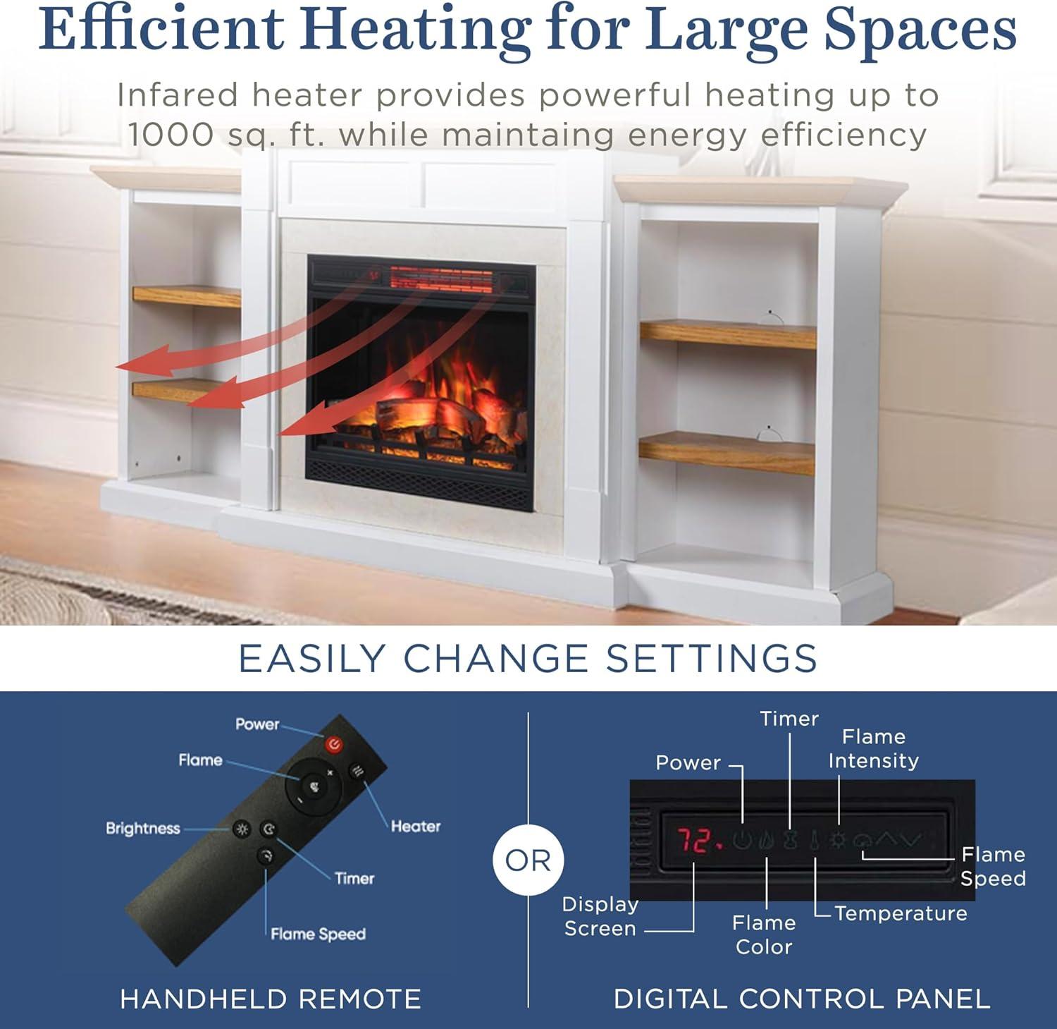 Country Living Belhaven 74 Inch Bookcase Mantel Package | 23 Inch Smart Electric Fireplace Insert Heater
