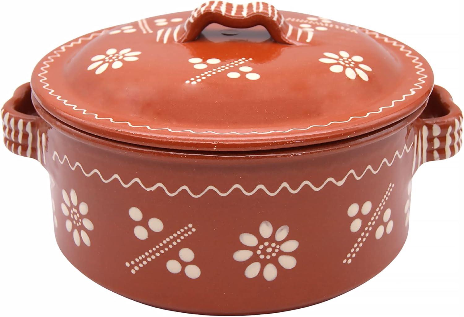 Portuguese Terracotta Glazed Clay Cooking Pot with Lid, 7 Quarts