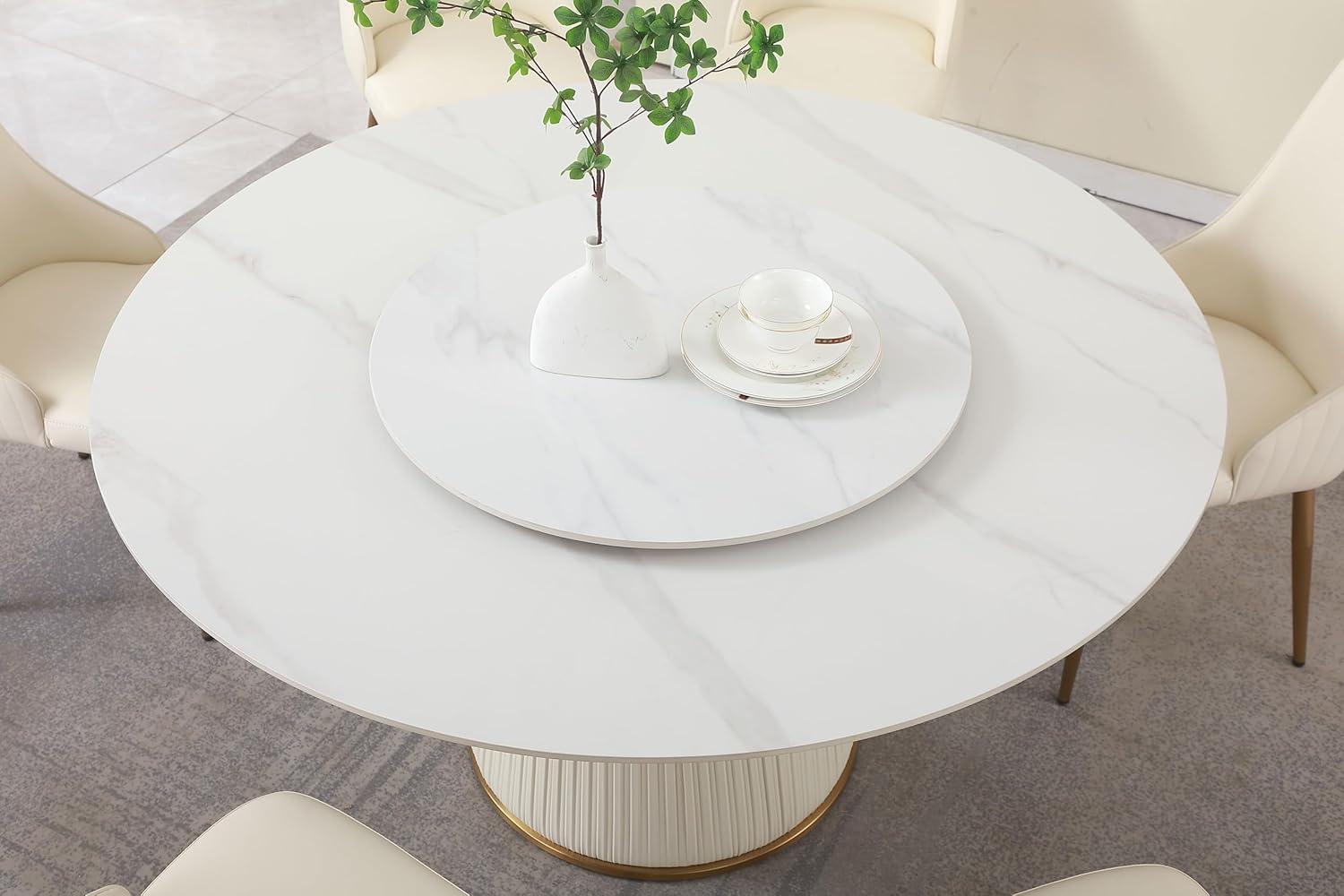 Modern White Sintered Stone Dining Table Set with 8 PU Leather Chairs