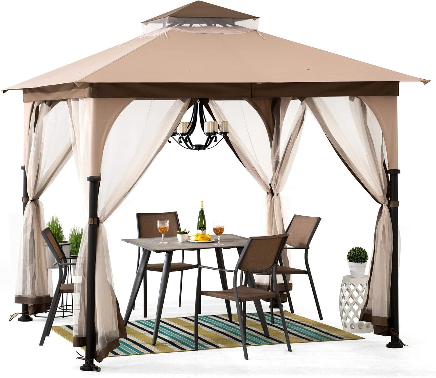 Tan and Brown Steel Frame Gazebo with Mosquito Netting