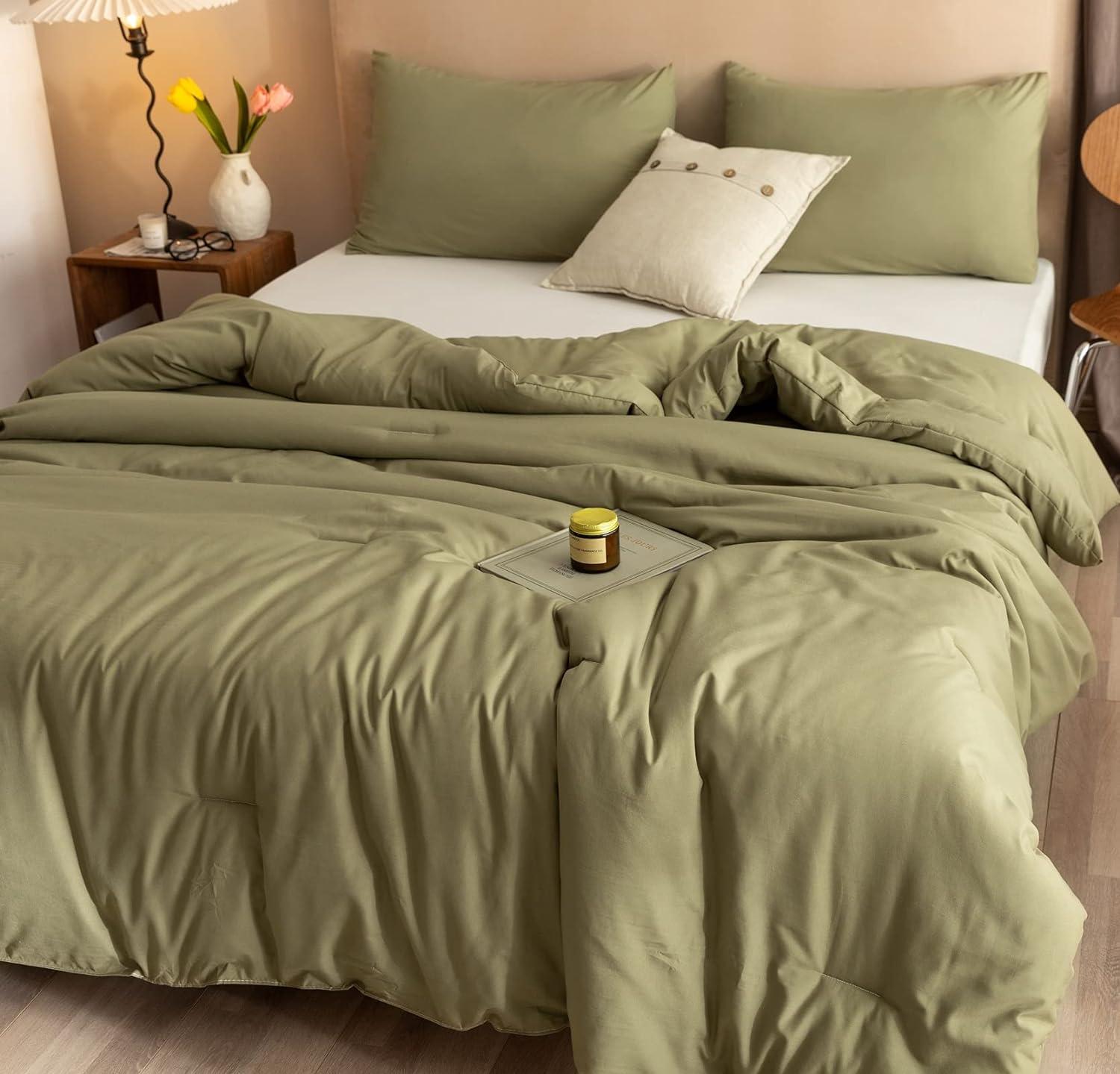 Olive Green Microfiber King Comforter Set with Pillowcases