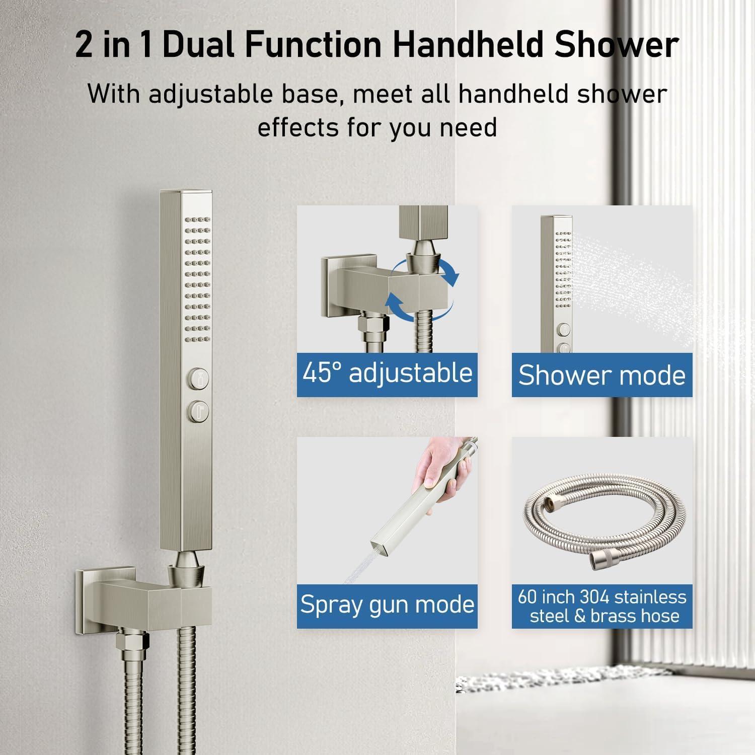 Revitalize 3-Function 12 Inch Wall Mount Rainfall Thermostatic Shower System with 6 Body Jets