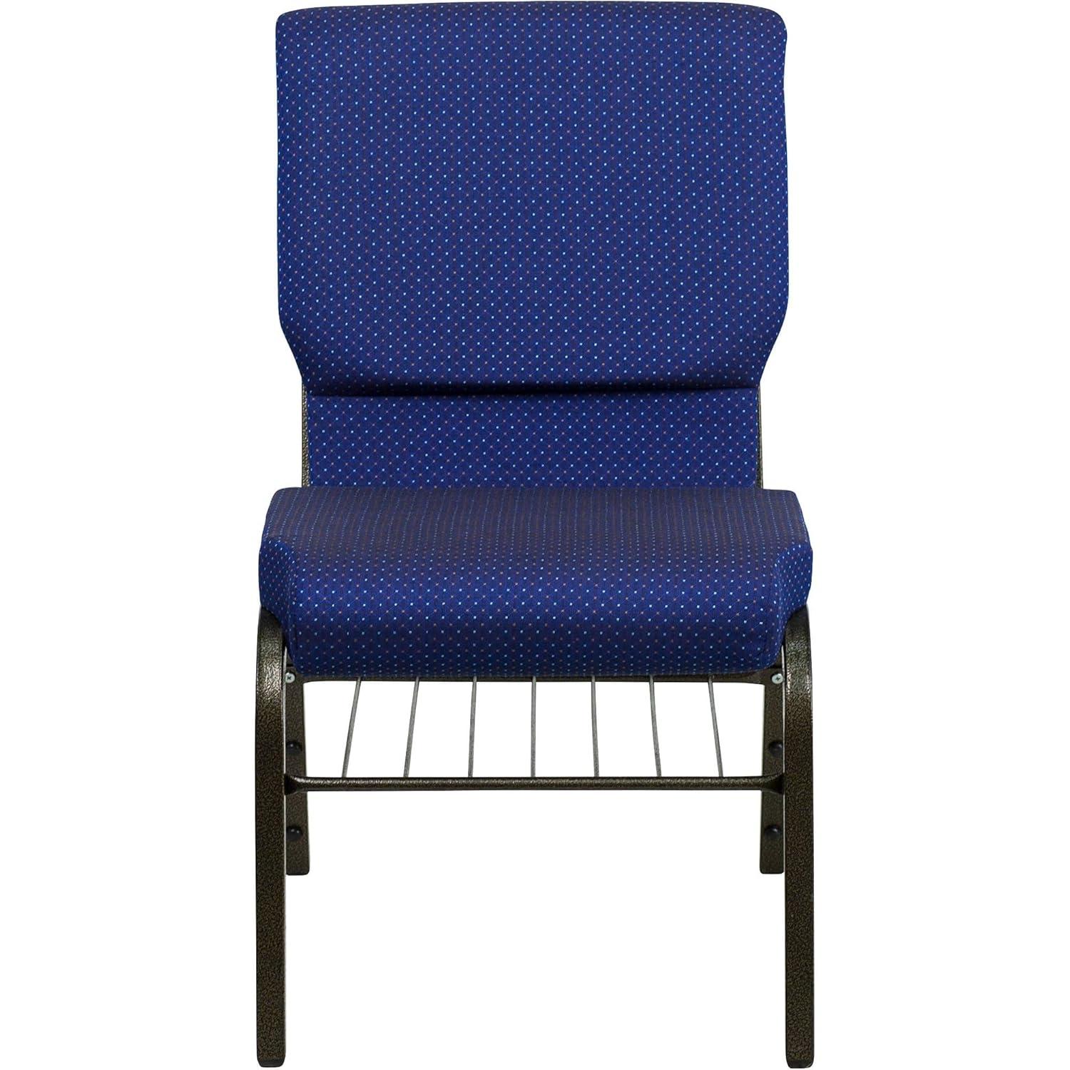 BizChair 18.5''W Church Chair in Navy Blue Patterned Fabric with Book Rack - Gold Vein Frame