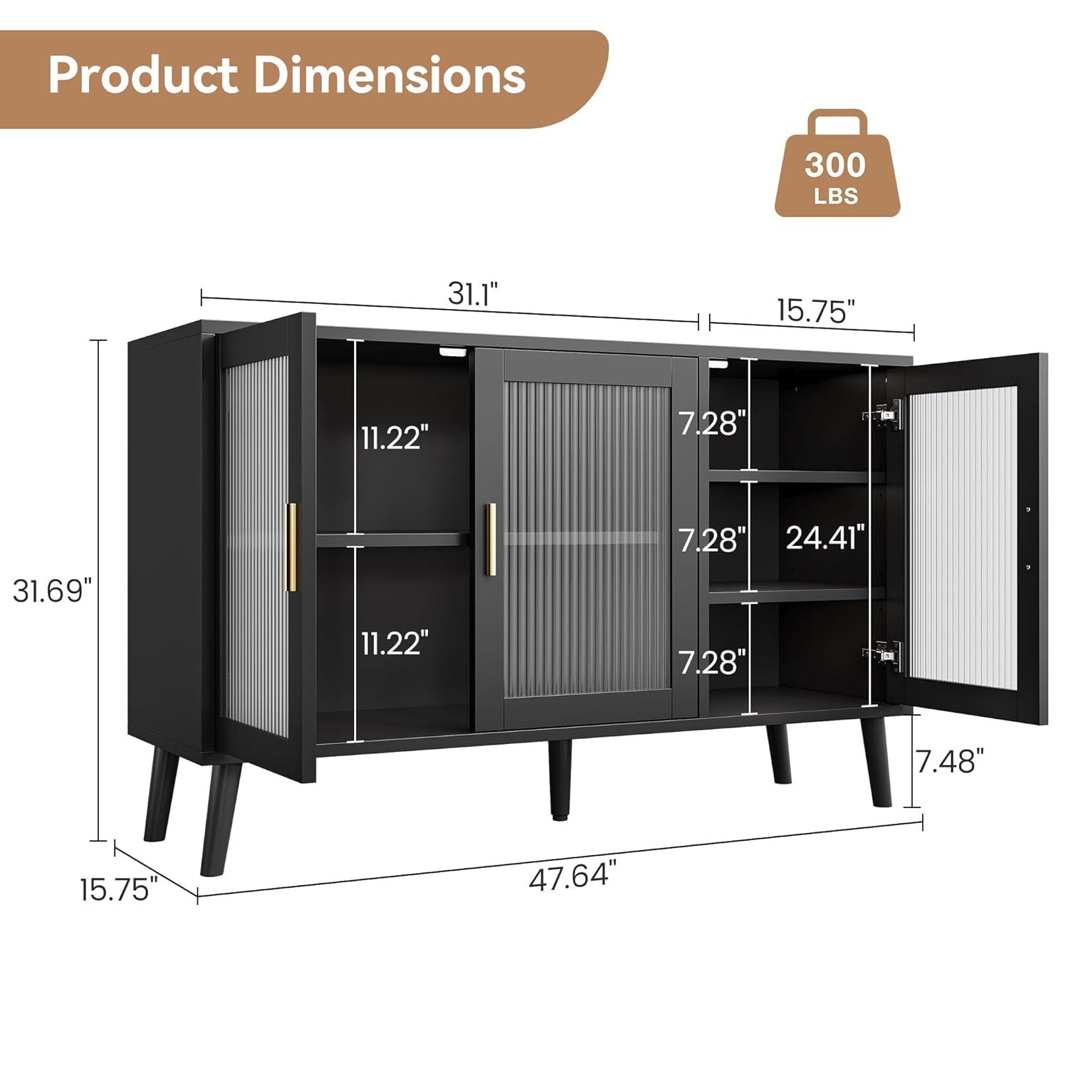 Buffet Cabinet with Storage, 48" Large Sideboard Cabinet with 3 Fluted Glass Doors, Black Cabinet for Kitchen, Dinning Room, Hallway, Living Room