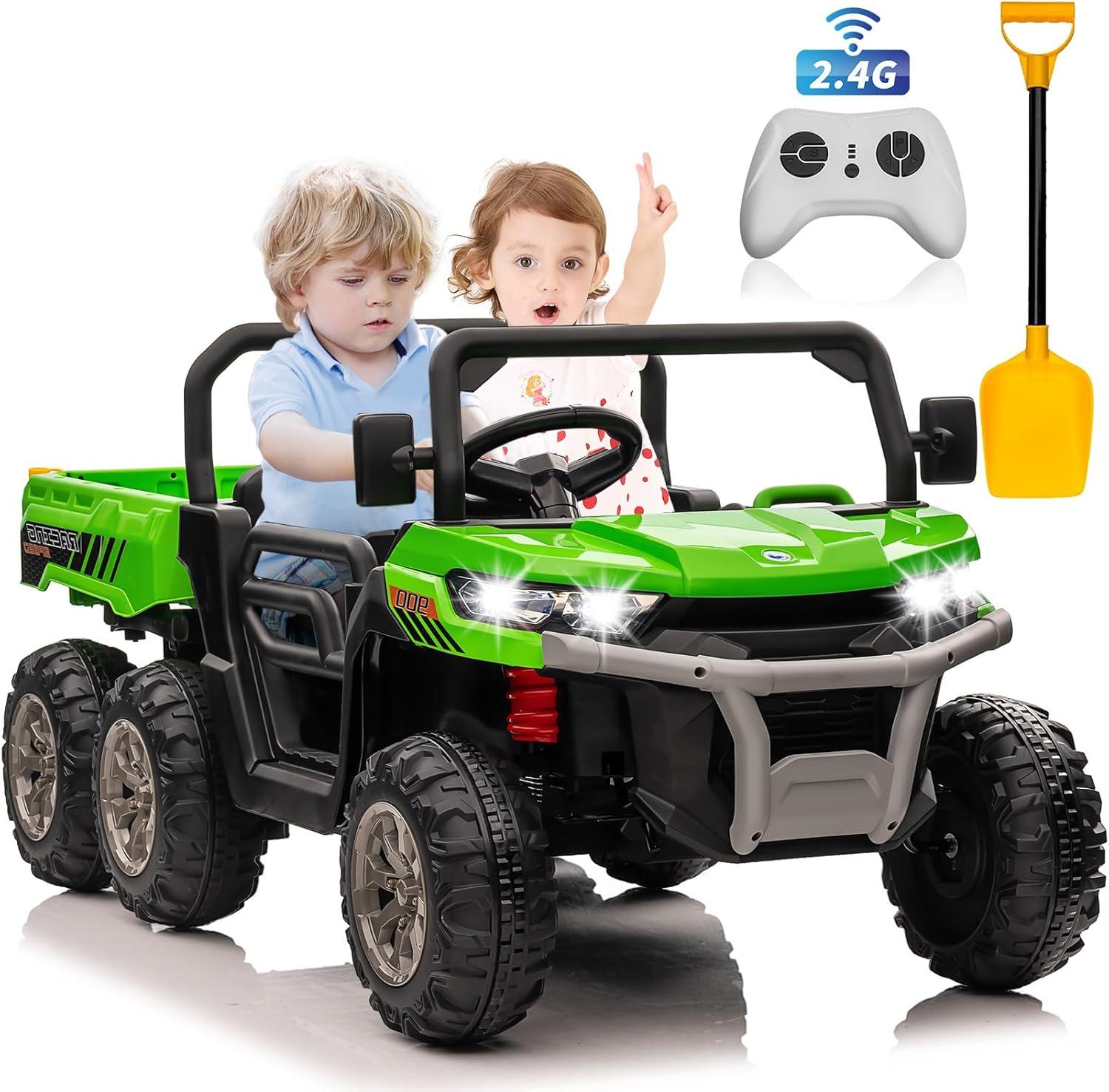 24V Ride on Toys with Remote Control, 2 Seater Electric Powered Ride on Dump Truck , 4WD 6-Wheel UTV Car w/ Tipping Bucket Trailer, Shovel, Suspension, Bluetooth Music, Big Kids, Green