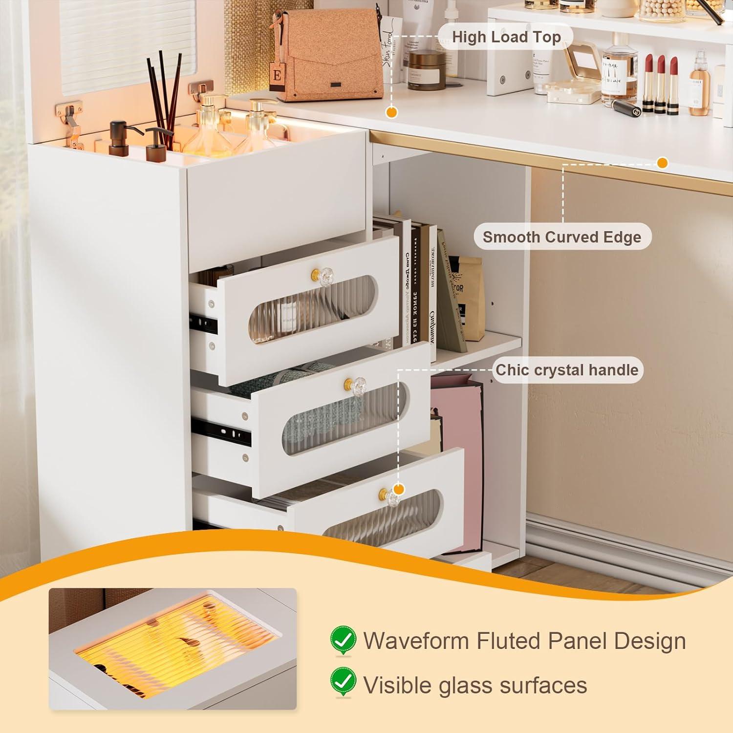 PAKASEPT Vanity Set with Lighted Mirror, Vanity Desk Makeup Vanity with 3-Color Adjustable Touch Light, 5 Drawers, Storage Shelves,Large Bedroom Vanitys for Women Girls