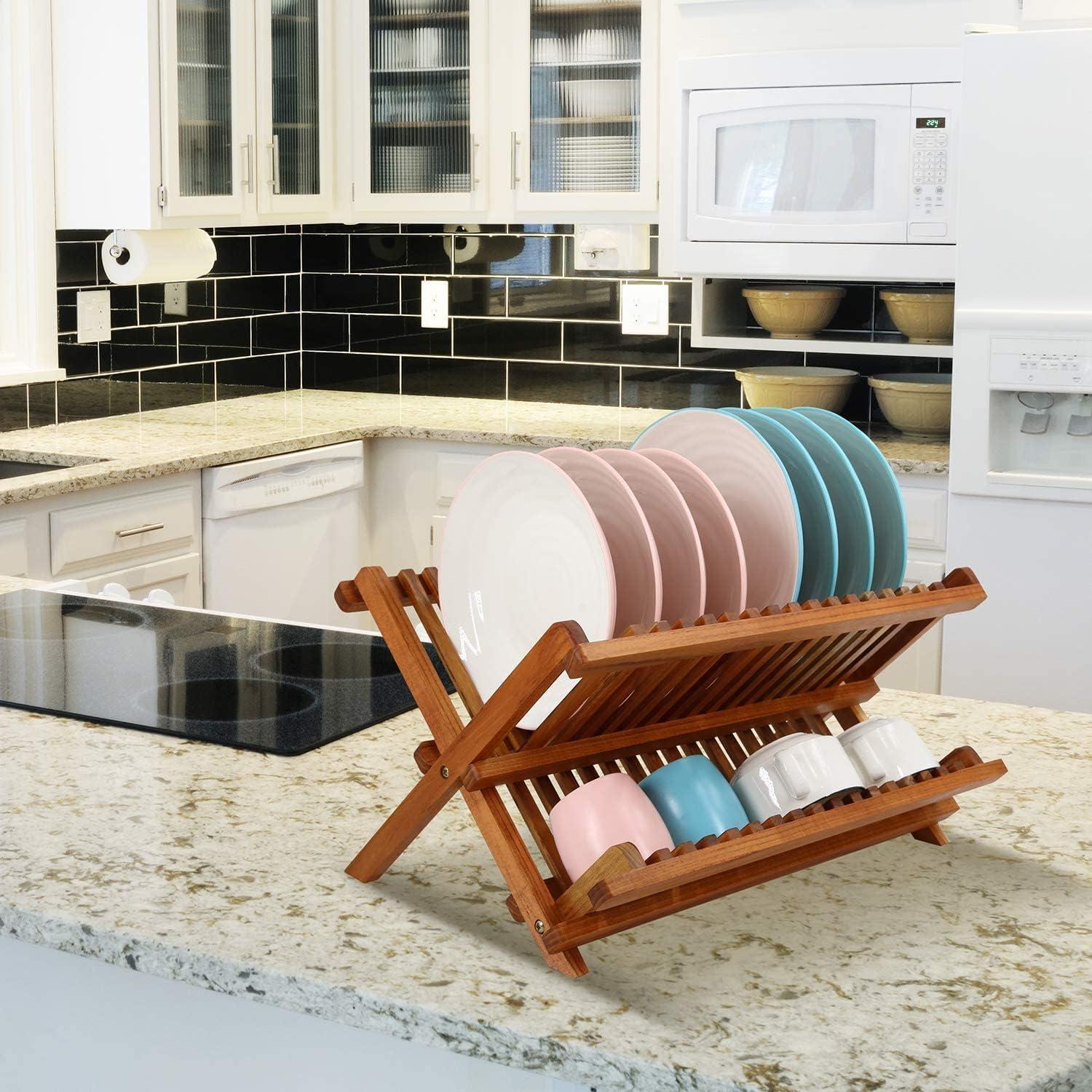 Teak Wood Foldable 2-Tier Dish Drying Rack