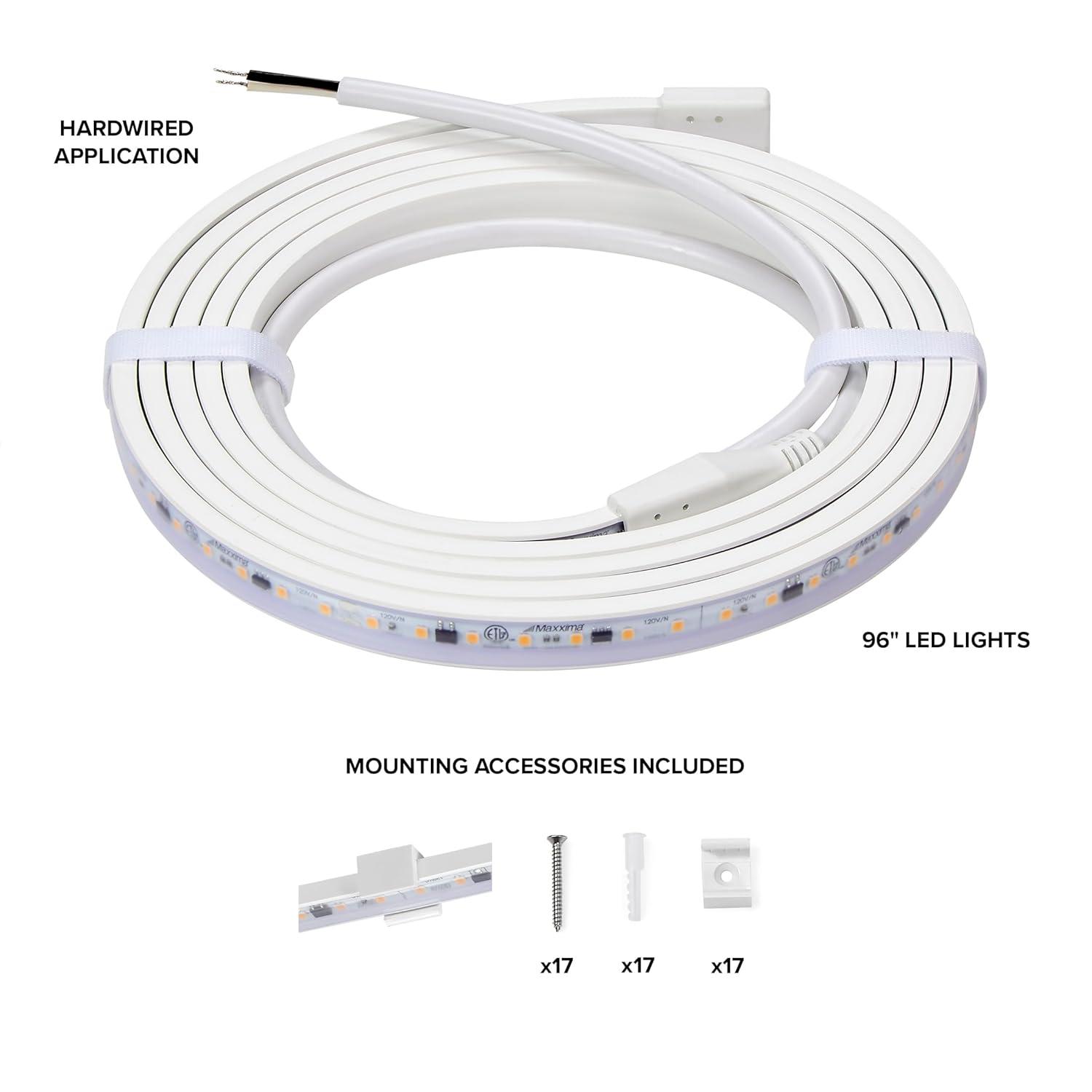 Maxxima 96 in. LED Under Cabinet Strip Light, Hardwired, 3680 Lumens, 3000K Warm White, 120V White Cove Light