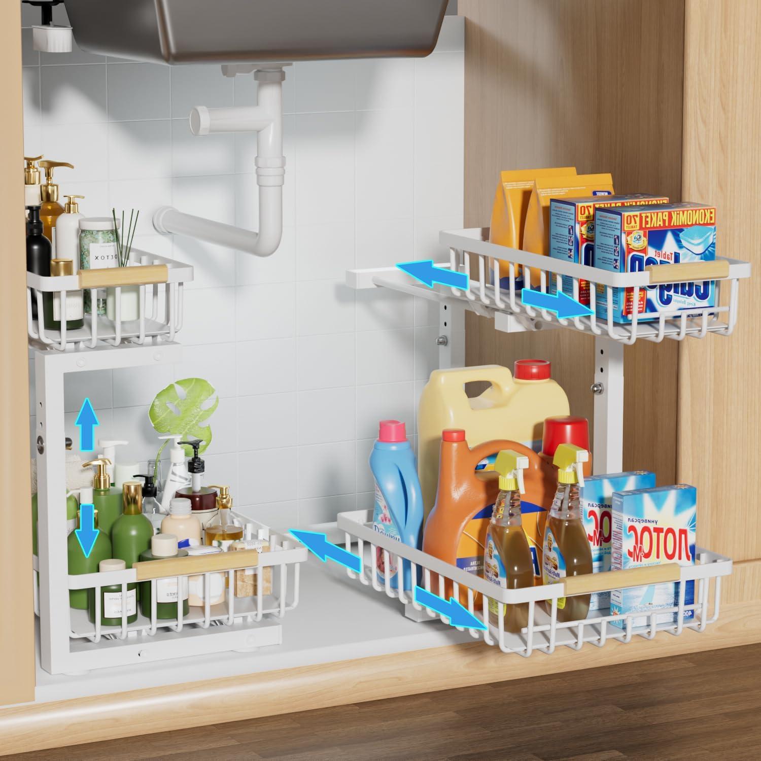 Rebrilliant Under Sink Organizer, 2 Tier Under Sink Organizers And Storage, Metal Slide Out Pull Out Cabinet Organizer ,2 Pack Sliding Drawer Organizer For Kitchen Bathroom Pantry