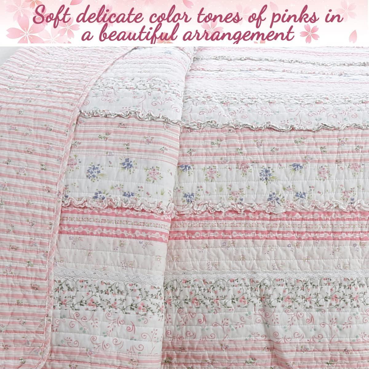 Pink Rose Peonies Ruffle 4-Piece Pink Floral Stripe Cotton Bedding Set with Decor Pillow King Quilt Set