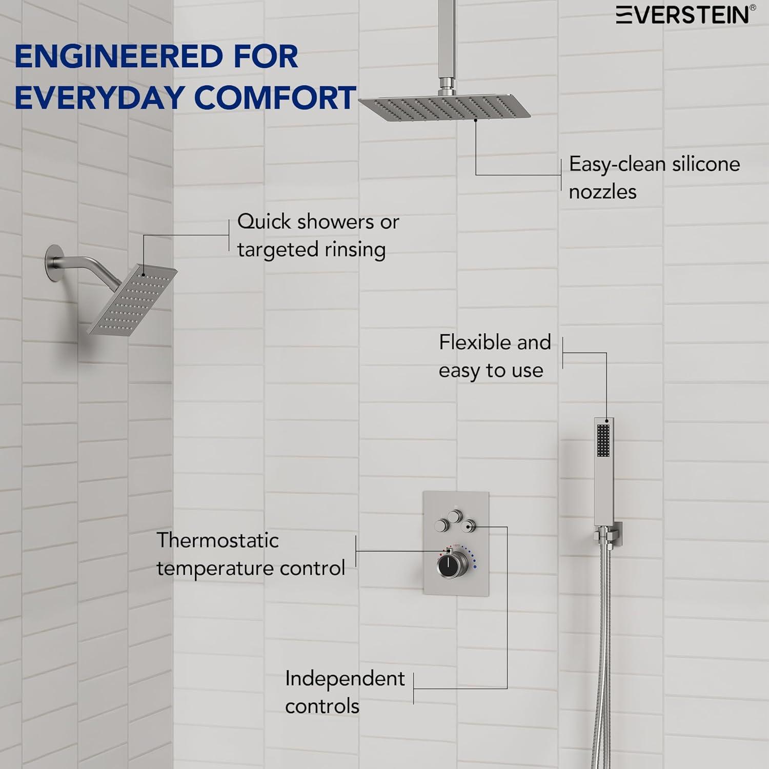 EVERSTEIN Thermostatic Rainfall Shower Faucet, 12-Inch High-Pressure Dual Showerheads System with Rough-In Valve SFS1007-NK12