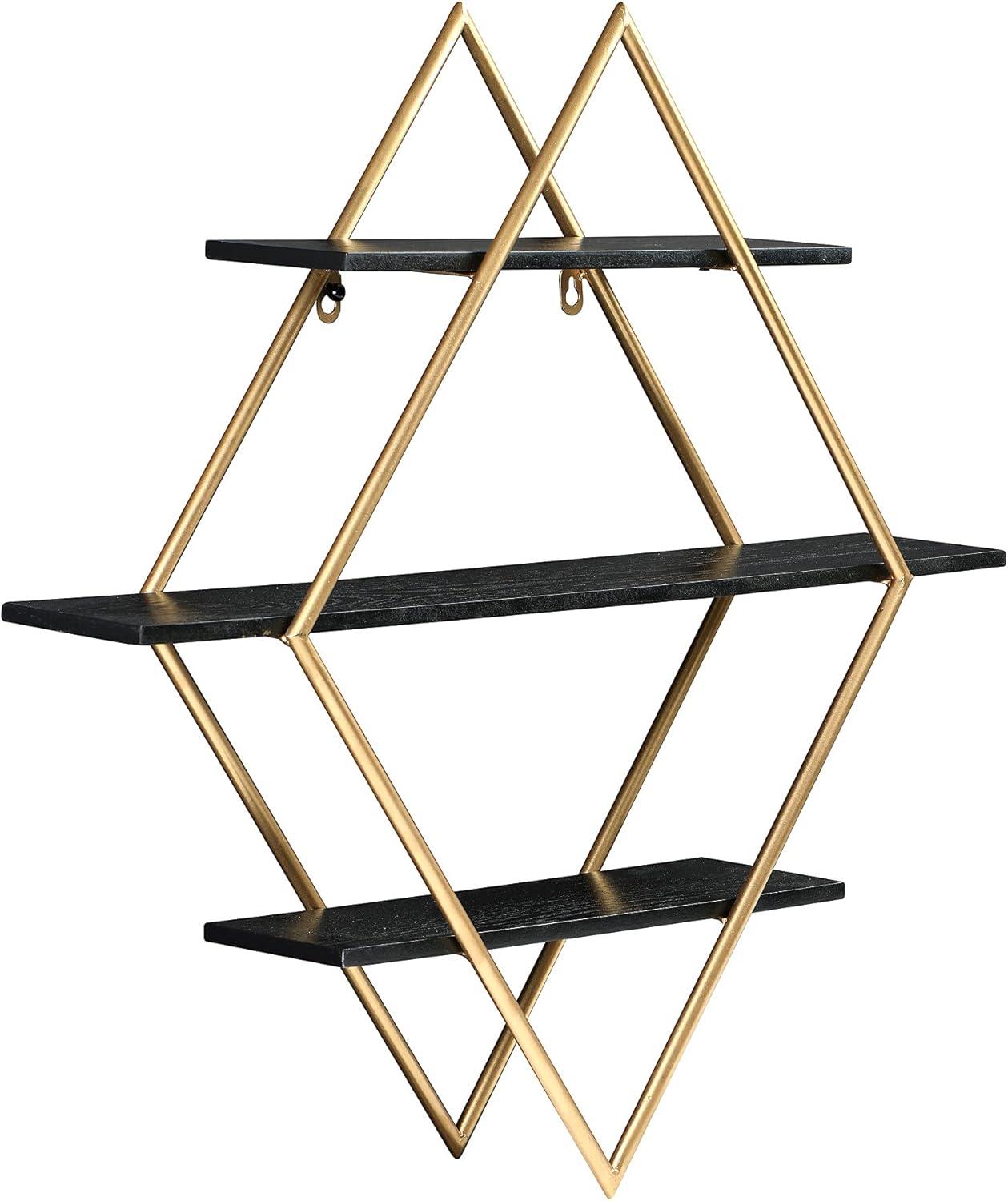 Espresso Black Wood and Gold Iron Diamond Wall Shelf, 23.5"