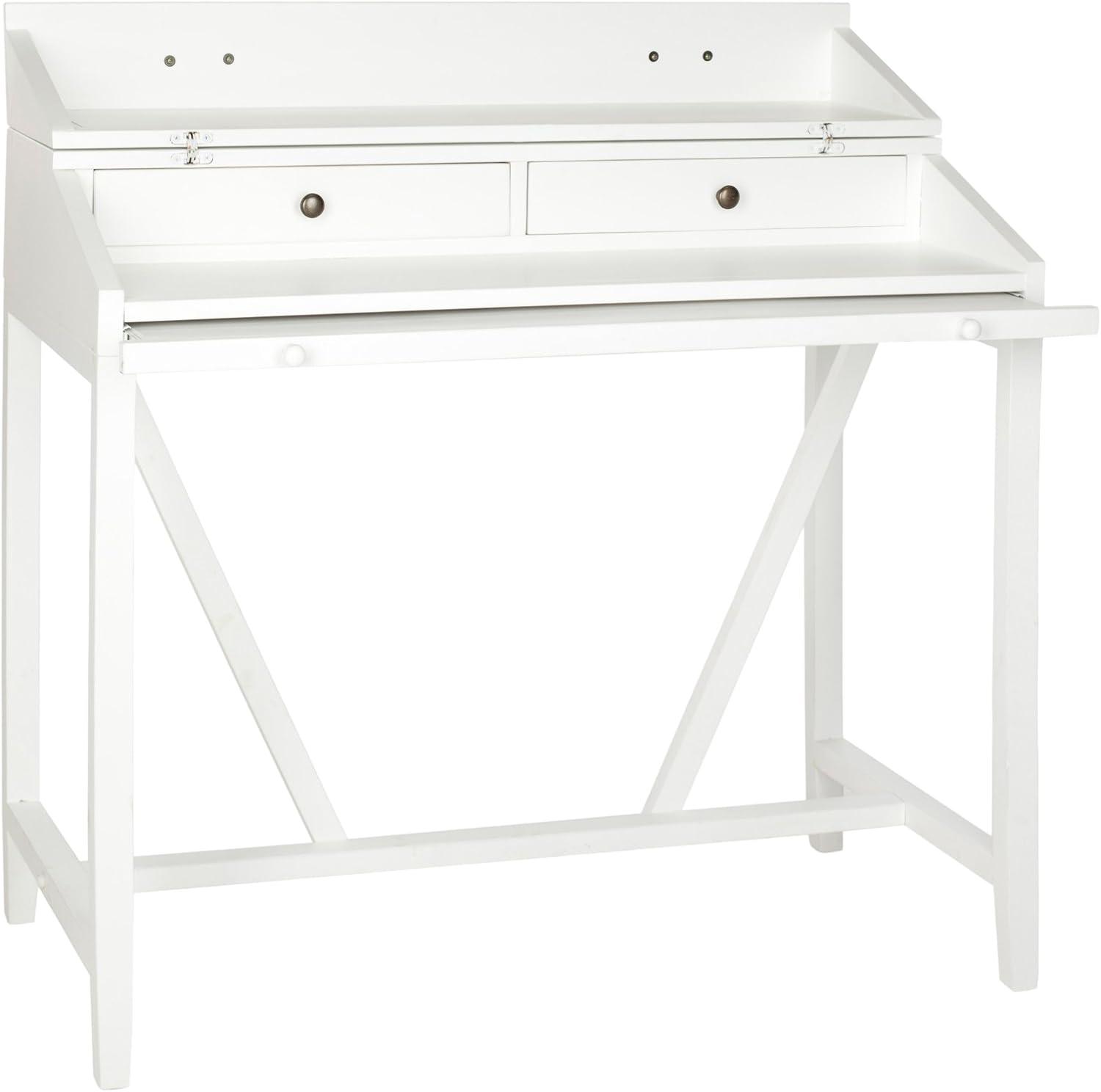 White Wood Transitional Desk with Drawers and Hutch