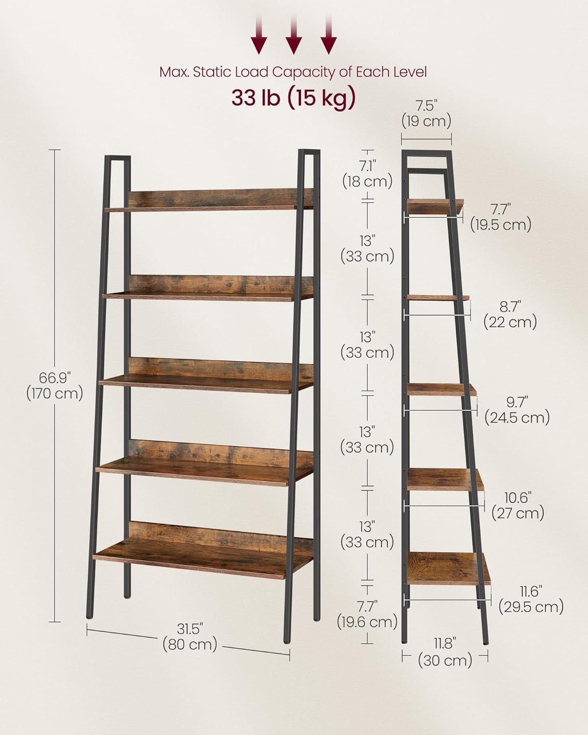 5-Tier Rustic Brown and Black Ladder Bookshelf