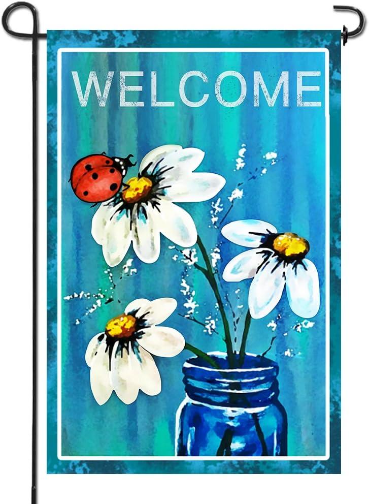 Spring Summer Daisy Jar and Ladybug Welcome Garden Flag