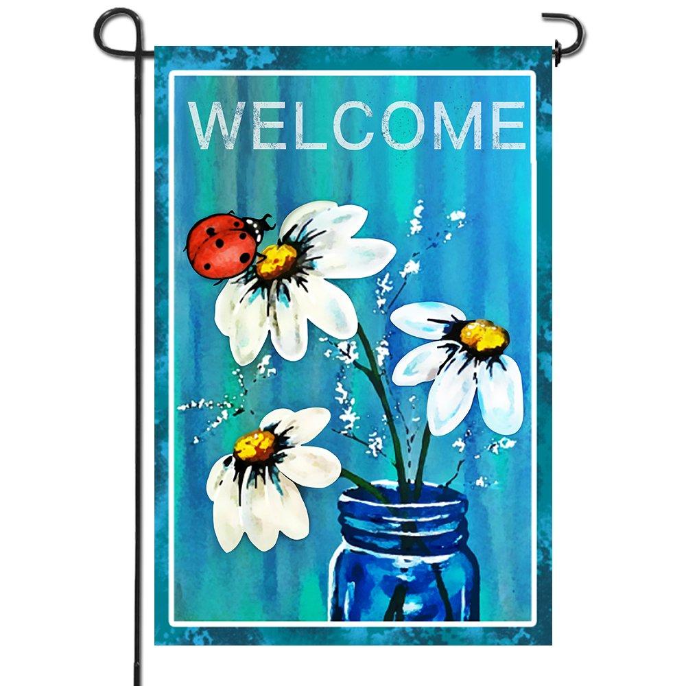 ANLEY Spring Summer Daisy Jar and Ladybug Welcome Garden Flags 18'' H x 12.5''W