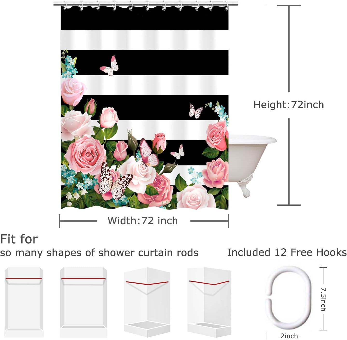 LIVILAN Striped Shower Curtain with Pink Roses, Pink Shower Curtain，Butterfly Shower Curtains Set with Hooks, Girly Shower Curtain for Bathroom 72x72 Inches