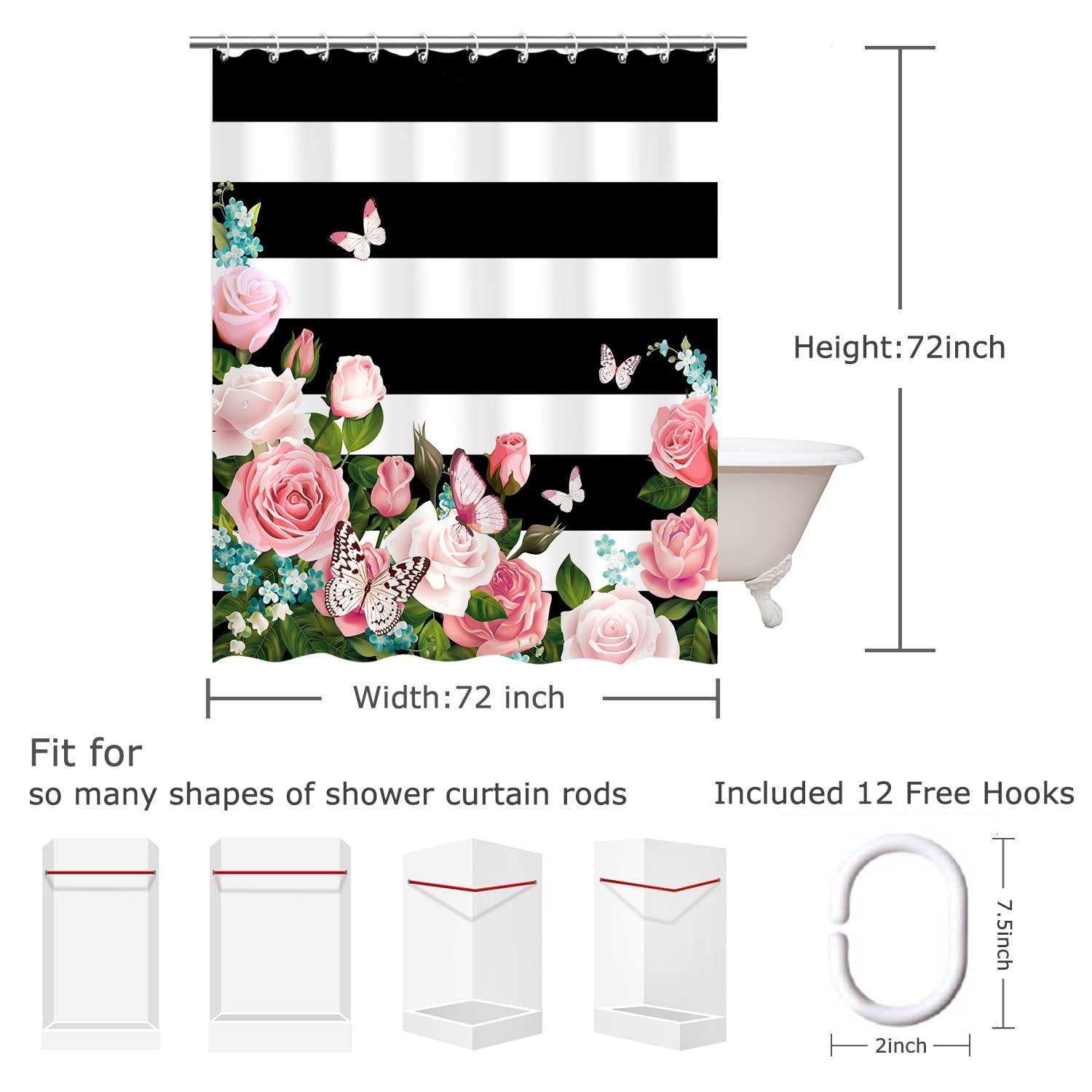 LIVILAN Striped Shower Curtain with Pink Roses, Pink Shower Curtain，Butterfly Shower Curtains Set with Hooks, Girly Shower Curtain for Bathroom 72x72 Inches