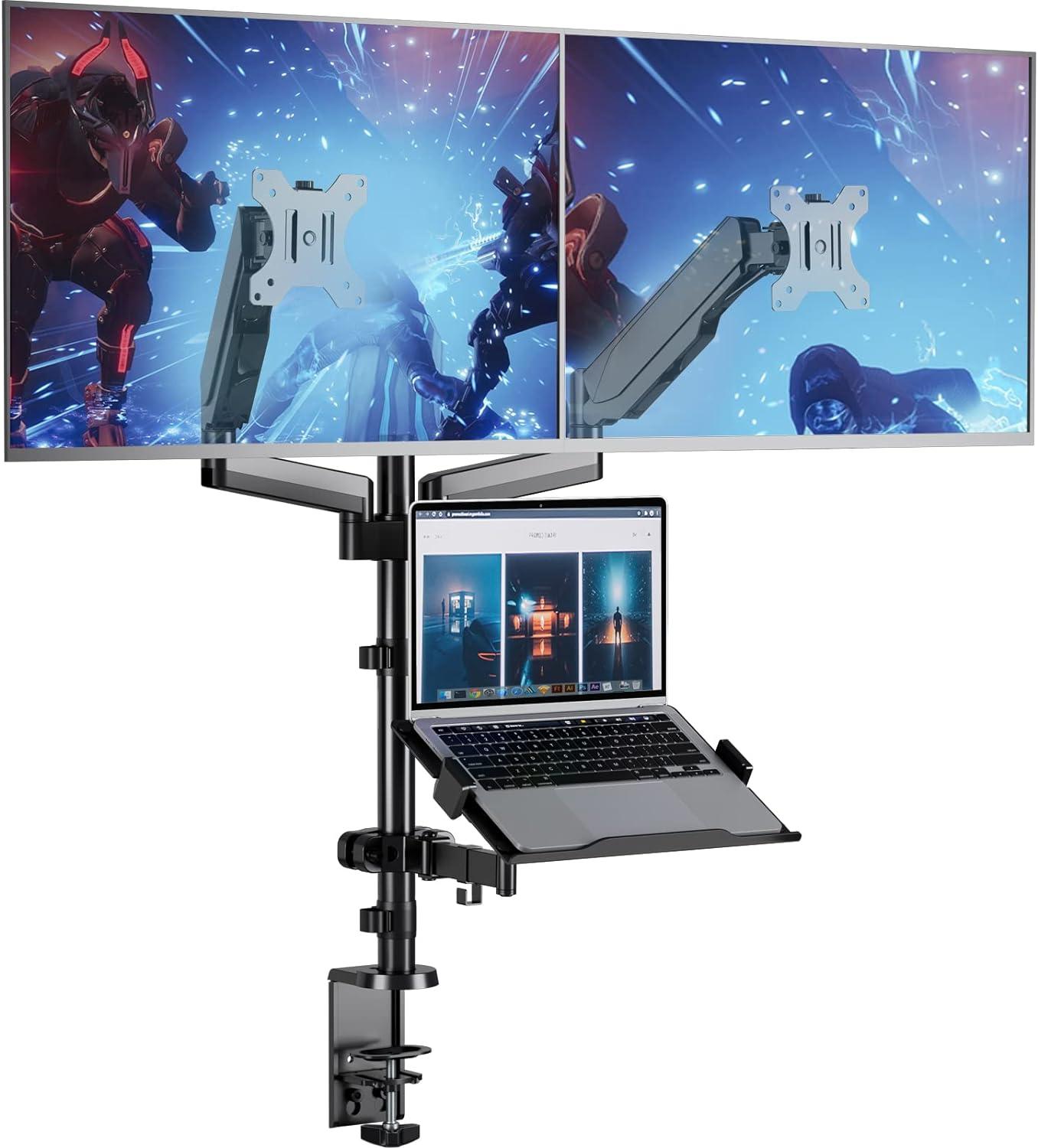 WALI Laptop Mount and Dual Monitor for Max 32" Monitor and 17" Laptop, Adjustable Spring Arm with Tilt, Swivel and Rotation, Dual Monitor and Notebook Stand with VESA 75/100mm(GSDM003LP), Black