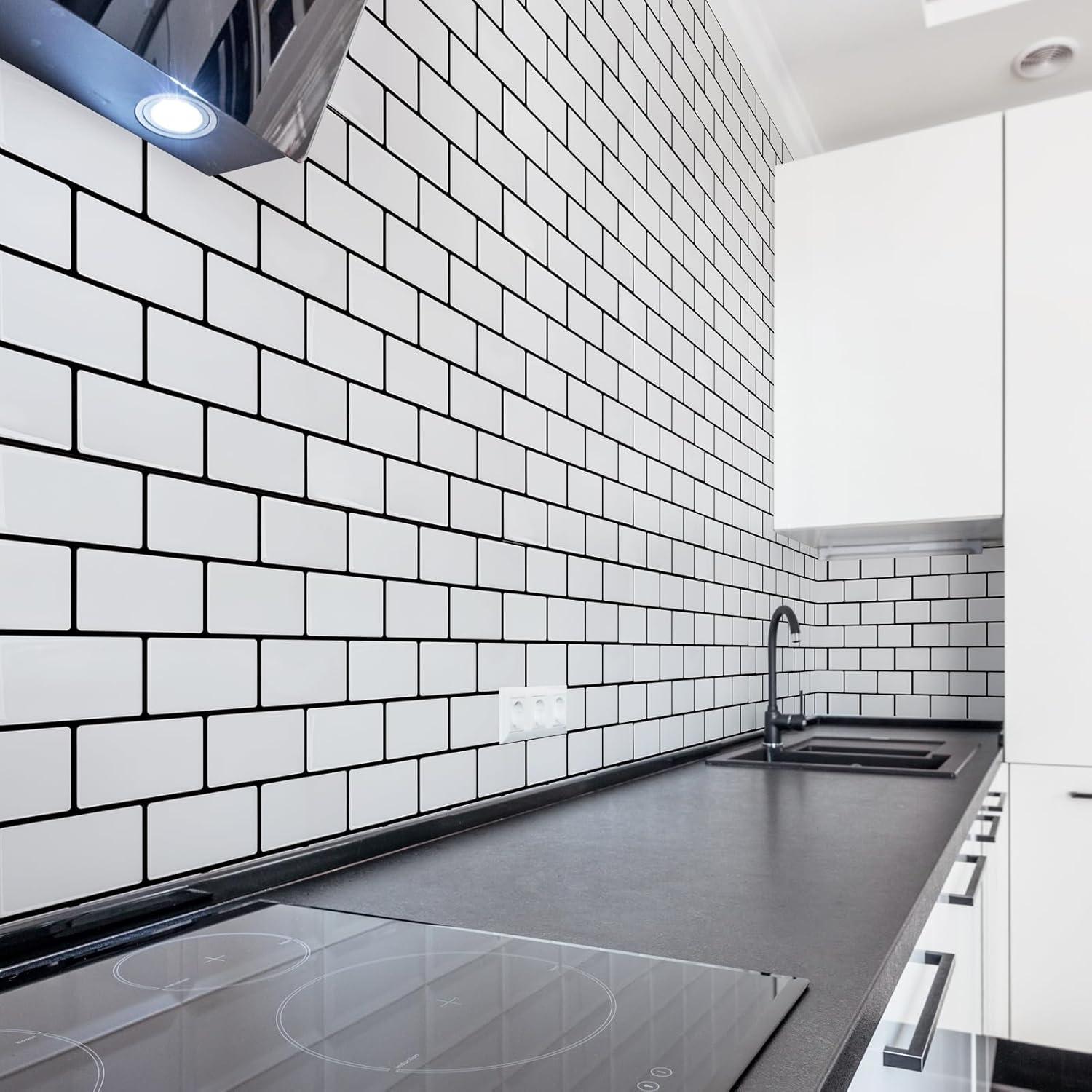 Art3d Peel and Stick Backsplash Tile, 10-Sheet Stick on Subway Tiles for Kitchem, Bathroom Back Splashes, 12"x12", Warm White with Black Grout