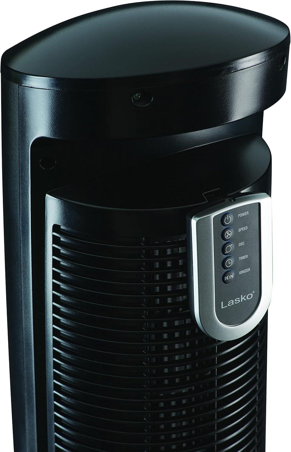 Lasko 42" Wind Curve 3-Speed Tower Fan with Ionizer and Remote, Black/Woodgrain, T42950, New